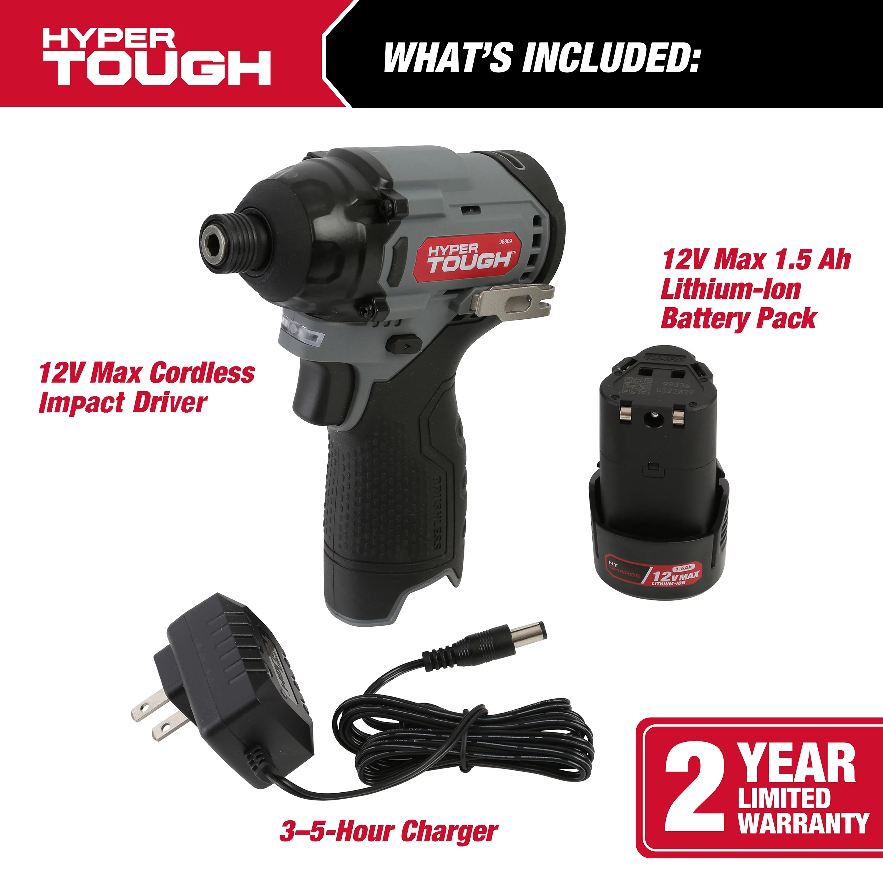 Hyper Tough 12V Max* Lithium-Ion Cordless Brushless Impact Driver with 1.5Ah Battery and Charger, Model 98809