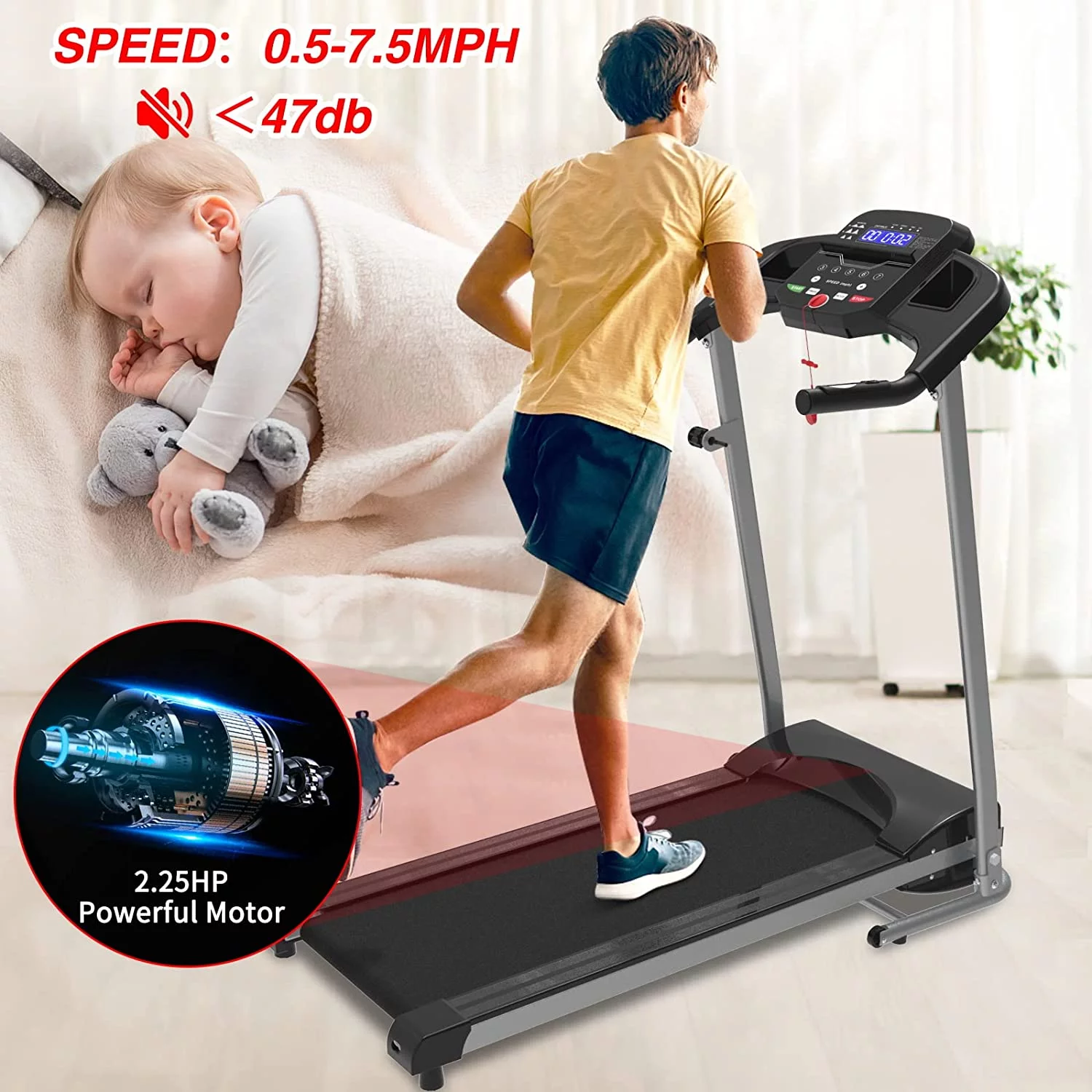 2.25HPPortable Treadmill for Apartment,250LBS Capacity,MP3,Electric Folding Treadmill Machine Adjustable Programs for Home Workout