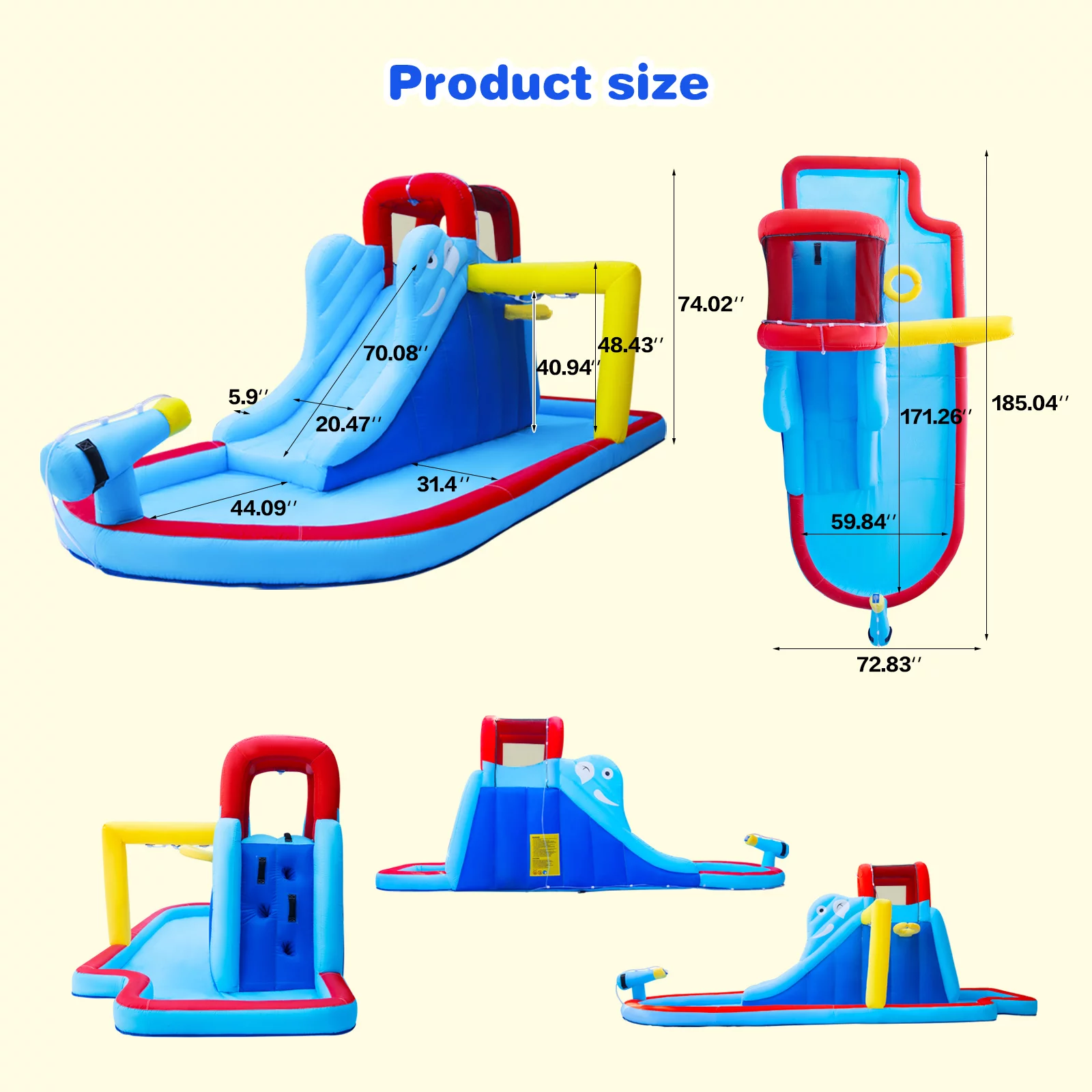 JOYLDIAS Kids Inflatable Water Slide Bouncer Playhouse Castle with 3 Water Guns, Splash Pool, Climbing Wall, Basketball Hoop, Bag, Air Blower