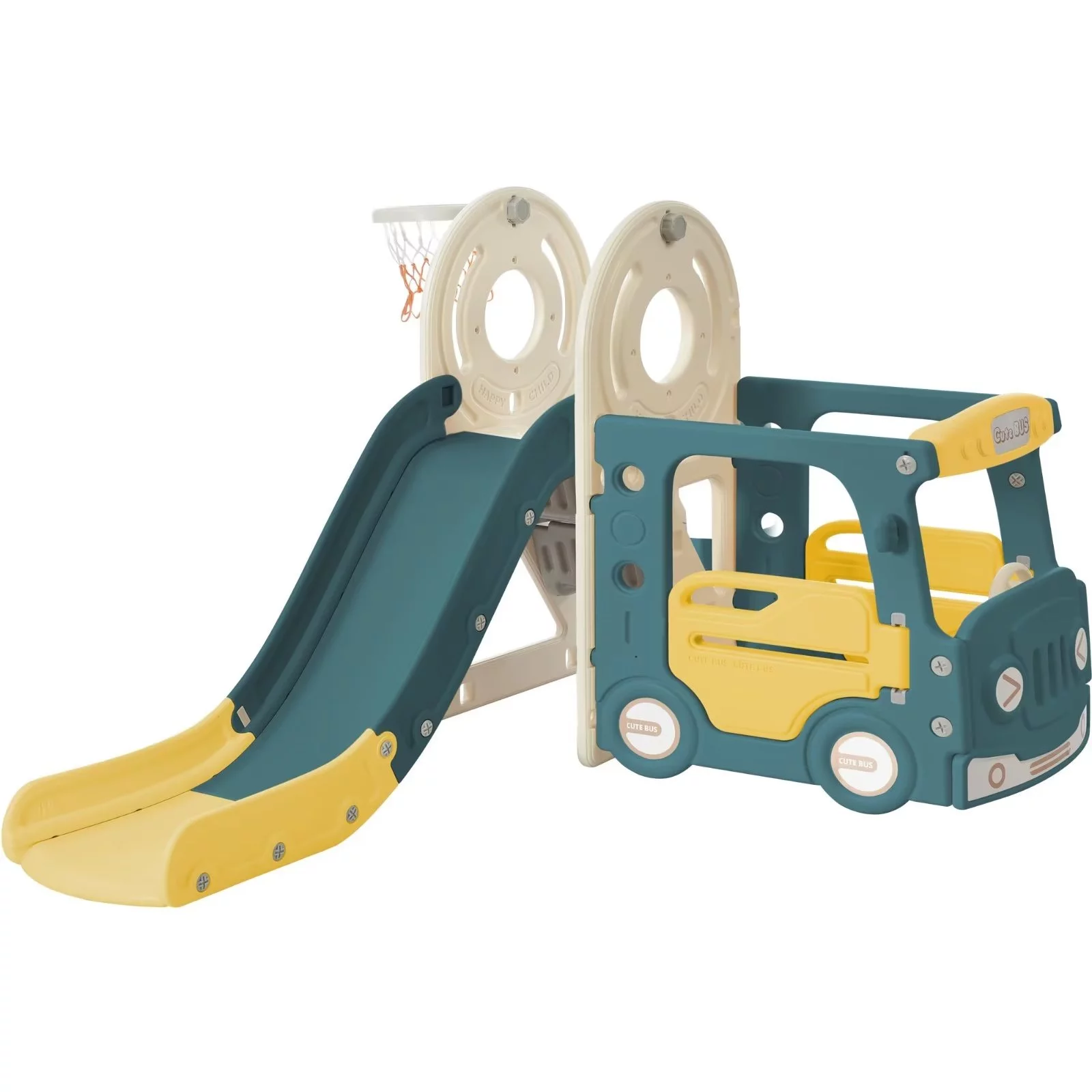 4-in-1 Baby Slide, Indoor Outdoor Kids Slide with Basketball Hoop, Climber & Bus Playhouse, Freestanding Playground Slide, 39.8” L x 67.7” W x 37” H, Yellow