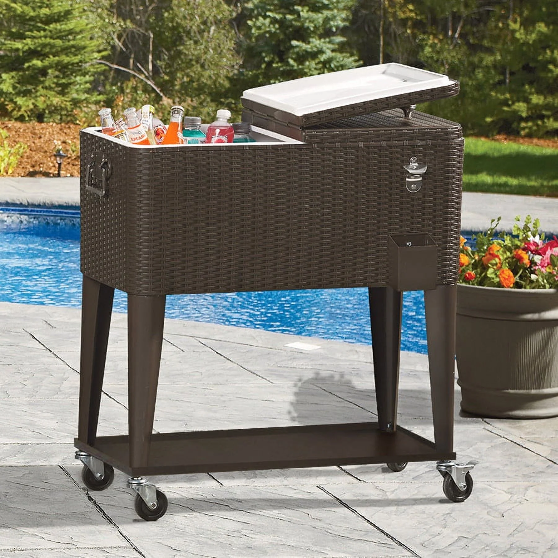 Home Aesthetics 80 Quart Qt Rolling Cooler Ice Chest  Beverage Cart, Dark Brown