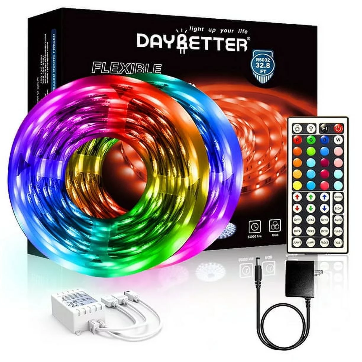 DAYBETTER LED Strip Light 32.8ft,44 Key Remote Control and 12V Power Supply,Bedroom,Party,Room Decor(2 Rolls of 16.4ft)