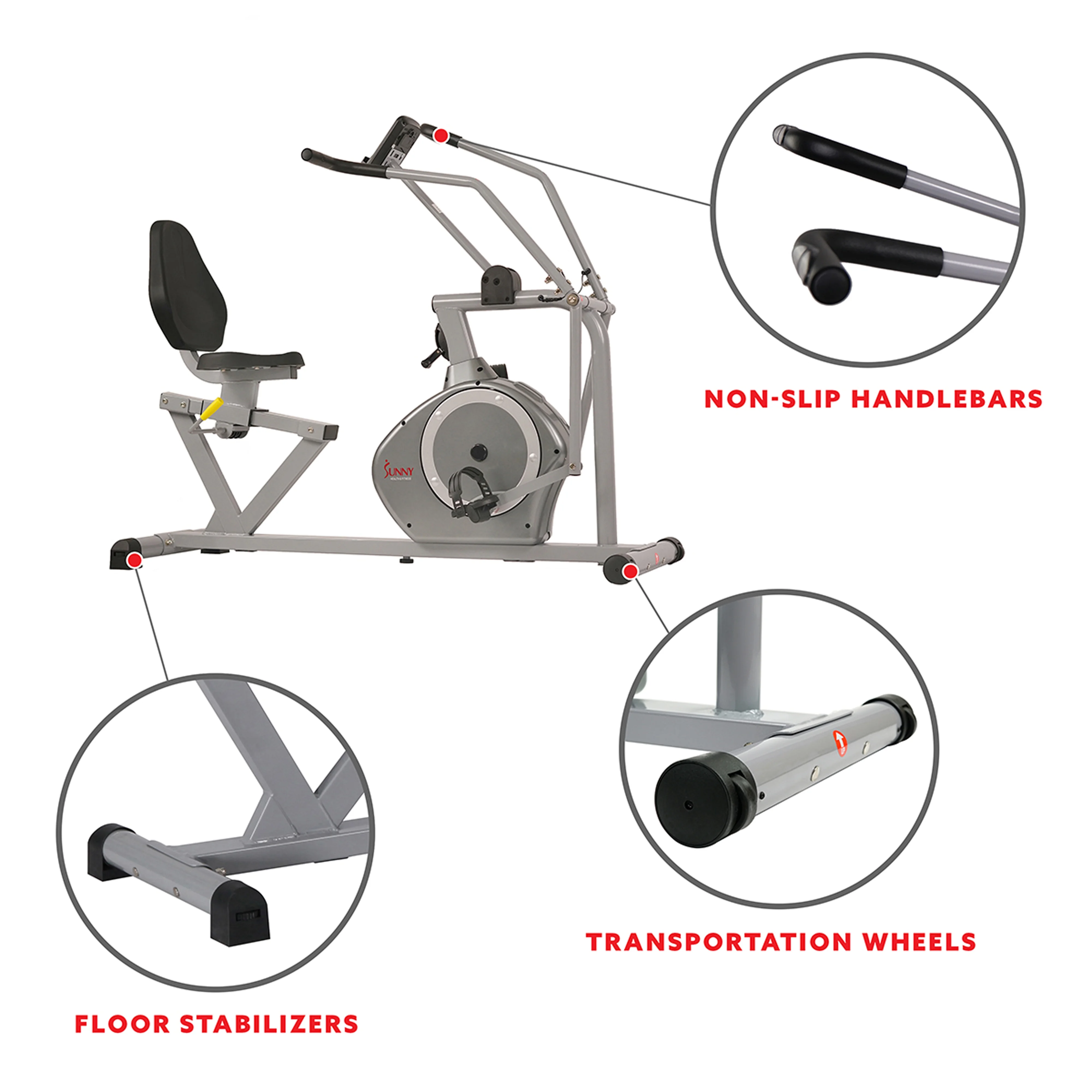 Sunny Health & Fitness Stationary Indoor Recumbent Exercise Bike Cardio Machine Cross Trainer w/Arm Workout Exercisers, SF-RB4708