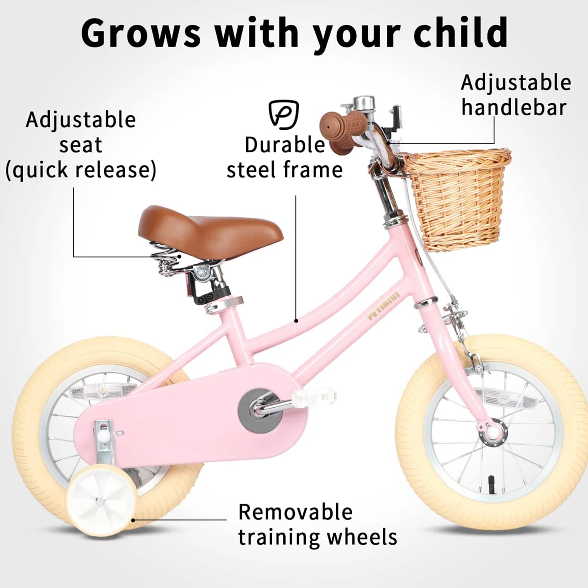 Petimini 14 Inch Child Bicycle with Basket, Bell, and Training Wheels, Pink