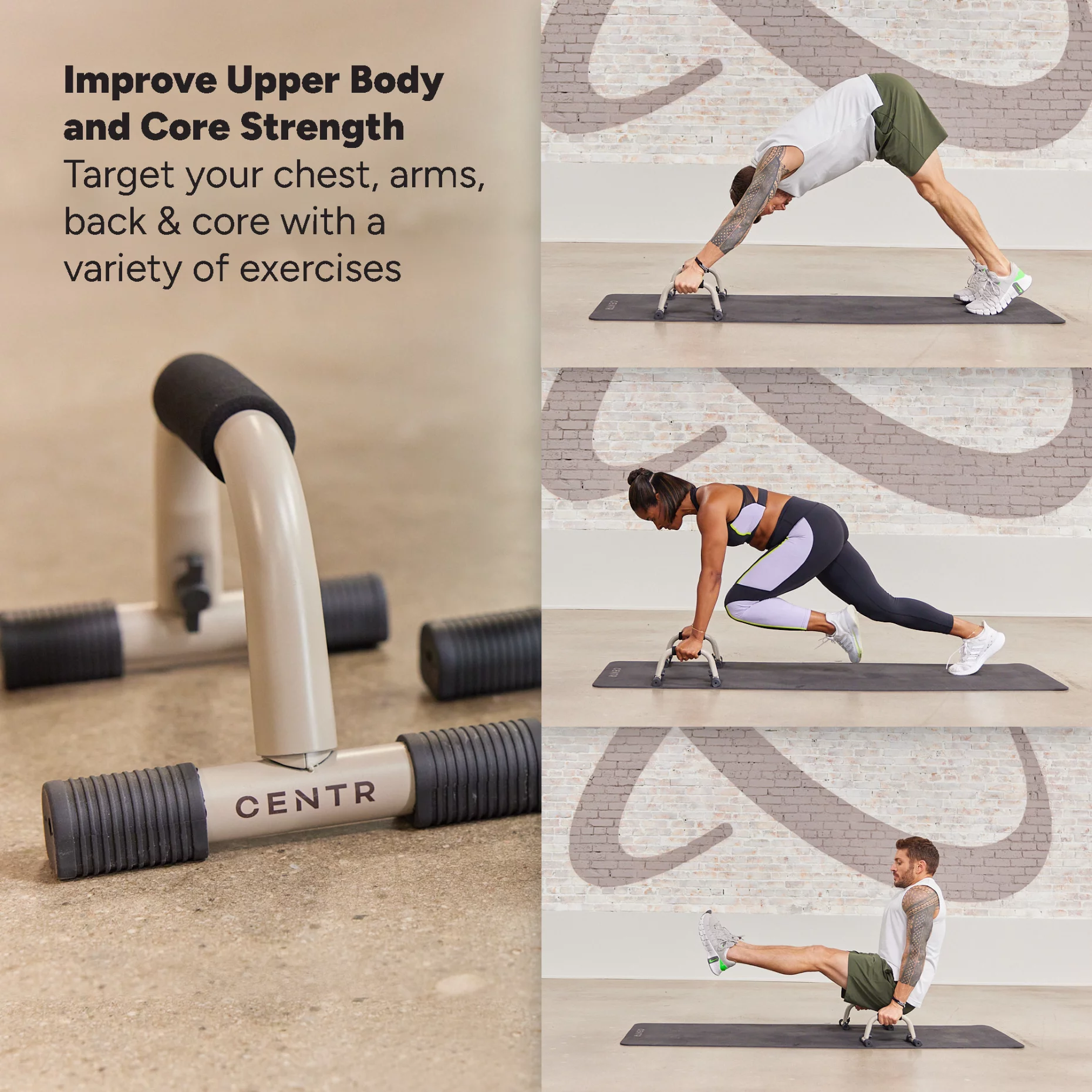 Centr by Chris Hemsworth Push up Bars, Slip-Resistant Grips, Sand Brown, 2-Pack + 3-Month Membership