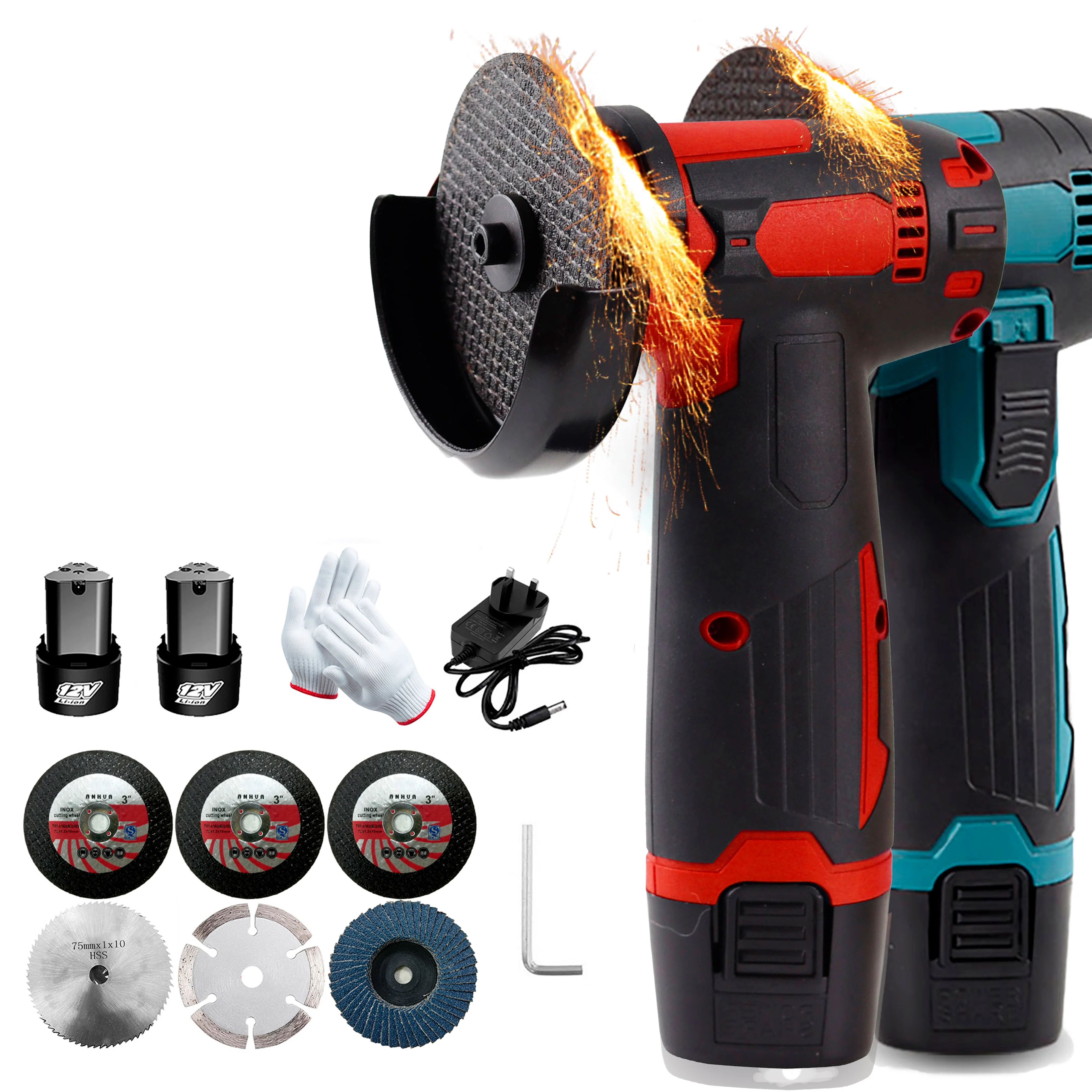 12V Cordless Angle Grinder Kit, Ginding disc 3 Inch/76mm 19500 rpm w/ 2* 1300mAh Lithium-Ion Battery for Cutting, Polishing, Grinding, Rust Removal