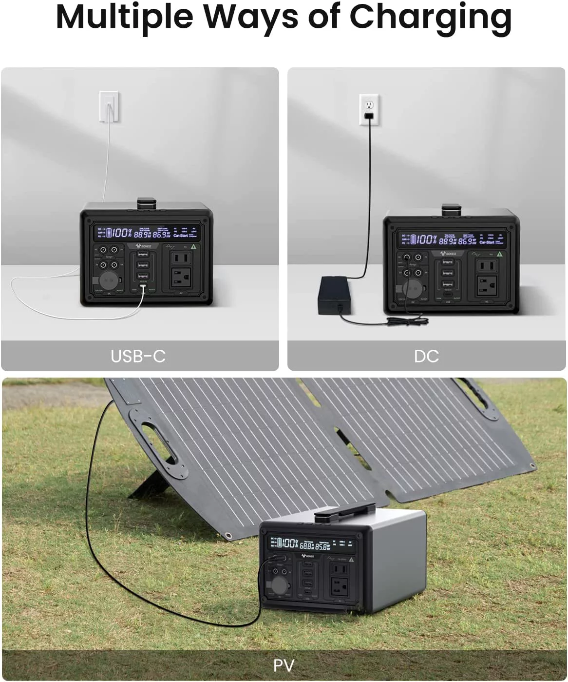 GONEO Portable Power Station 607Wh Capacity with 110V/600W AC Outlet (1,000W Peak), 5dB Low Noise, 6.5 inch LED Panel, Solar Generator for Outdoor Camping Travel Emergency Home Blackout