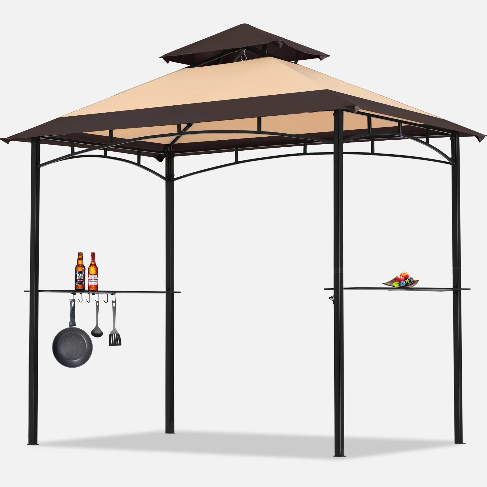 MASTERCANOPY 8′ x 5′ Grill Gazebo Tent Outdoor BBQ 2-Tiered Patio Gazebo Canopy with 2 LED Lights, Brown