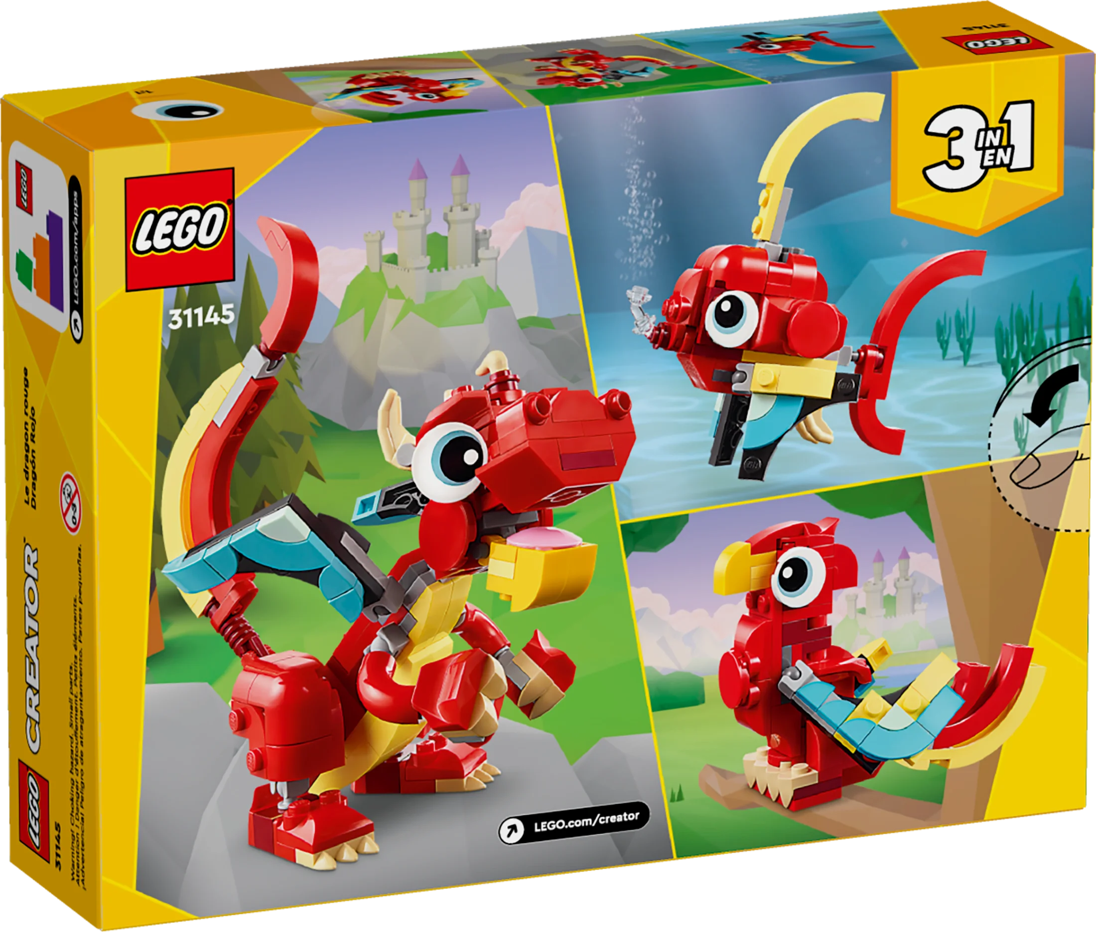 LEGO Creator 3 in 1 Red Dragon Toy, Transforms from Dragon Toy to Fish Toy to Phoenix Toy, Gift Idea for Boys and Girls Ages 6 and Up, Animal Toy Set for Kids, 31145