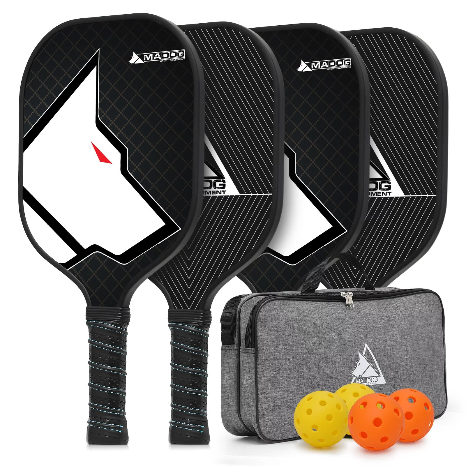 MADOG Pickleball Rackets Set, Carbon Fiber Pickleball Paddles Set of 4 and 4 Pickleballs Balls, 4 Paddles and 4 Indoor & Outdoor Pickleball Balls for Adults Beginners