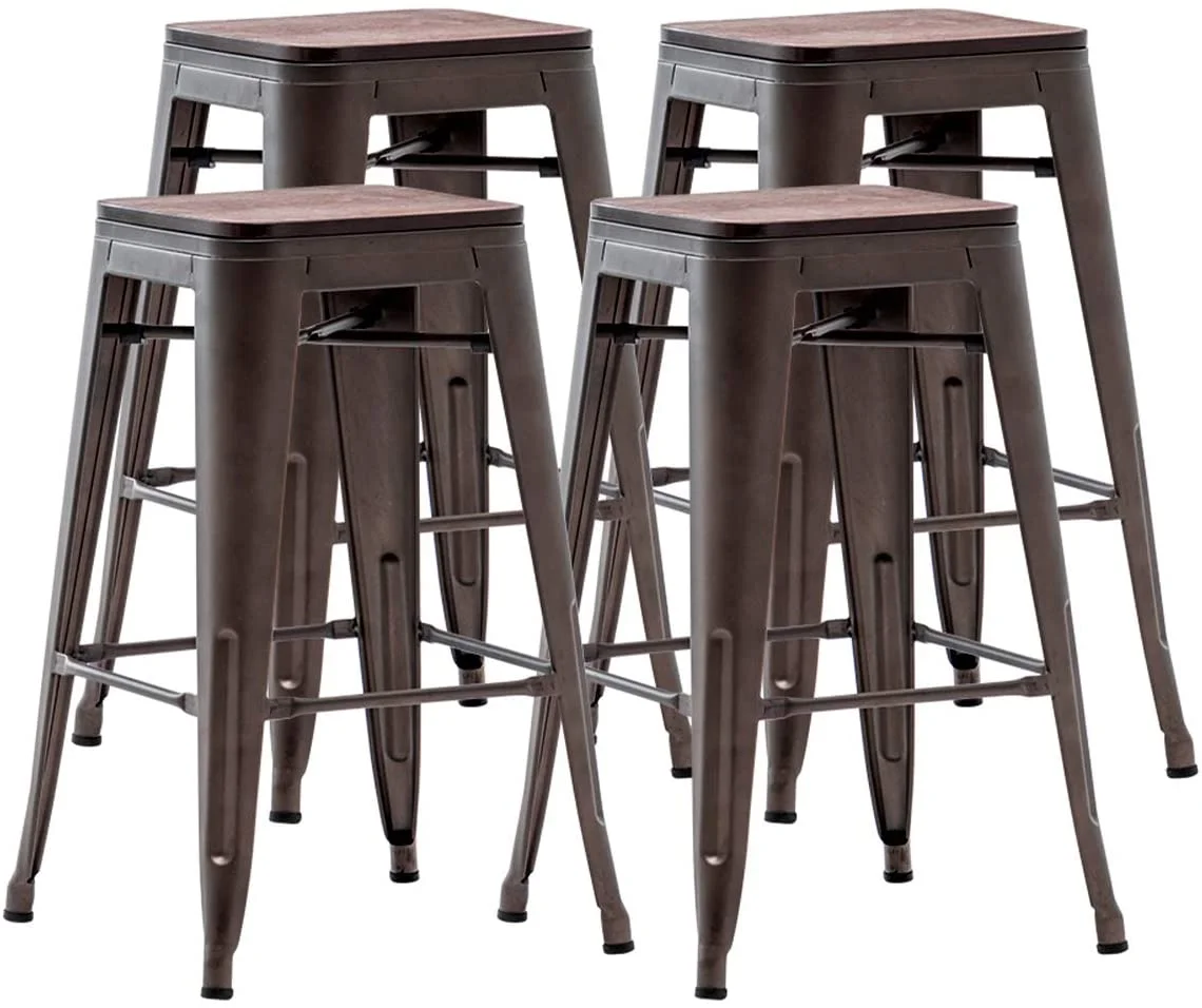 Andeworld 24″ Set of 4 Metal Bar Stools Stackable Counter Height Barstools Wood Seat Backless Rustic Kitchen Bar Chairs (Black)