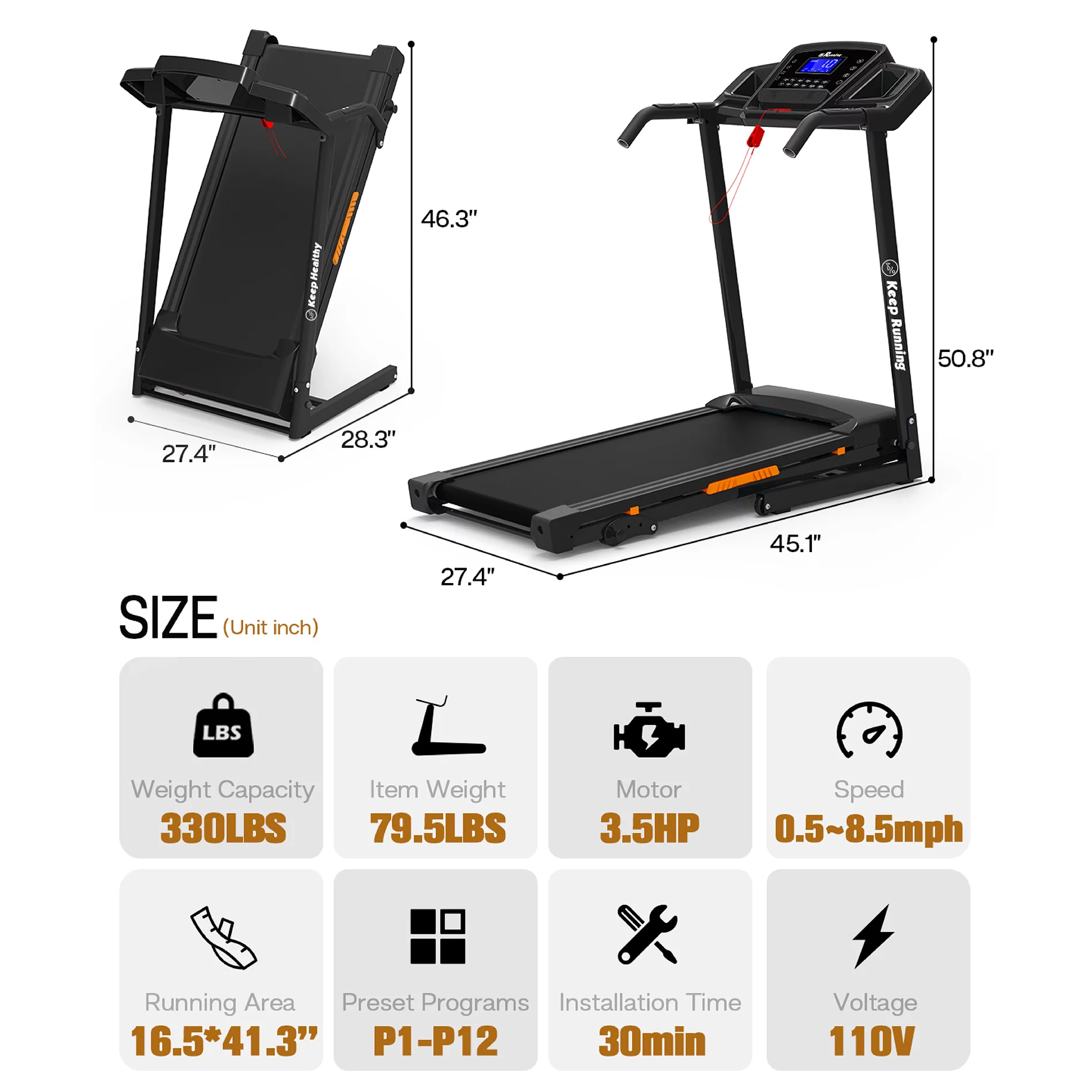 LONGGLE Folding Treadmill with Incline, 3.5 HP Walking Pad with 300 lbs Capacity