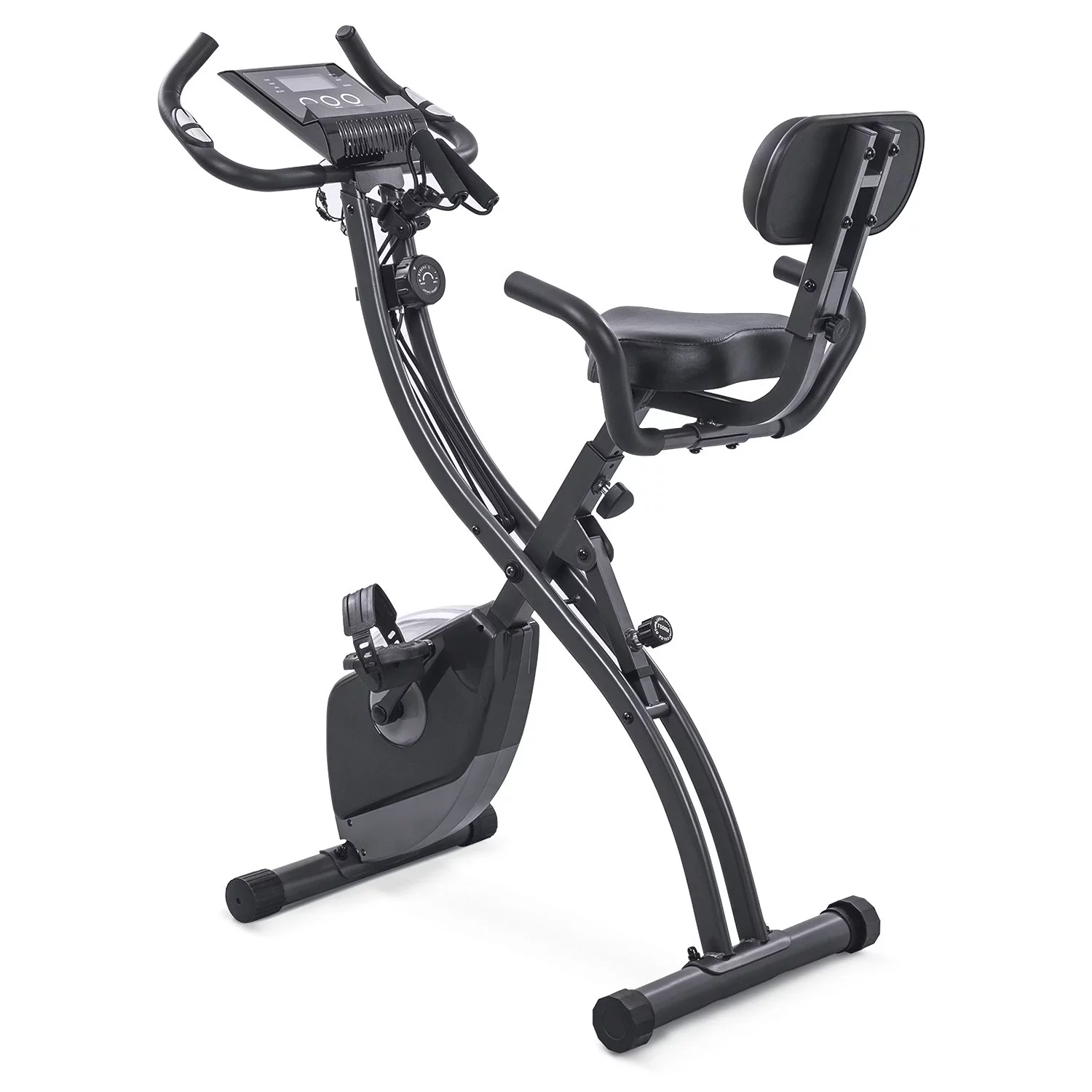 Folding Exercise Bike Stationary Recumbent 3-in-1 Exercise Bike Portable Magnetic with Adjustable Arm Resistance Bands and LCD Monitor and Pulse Grip for Home Use