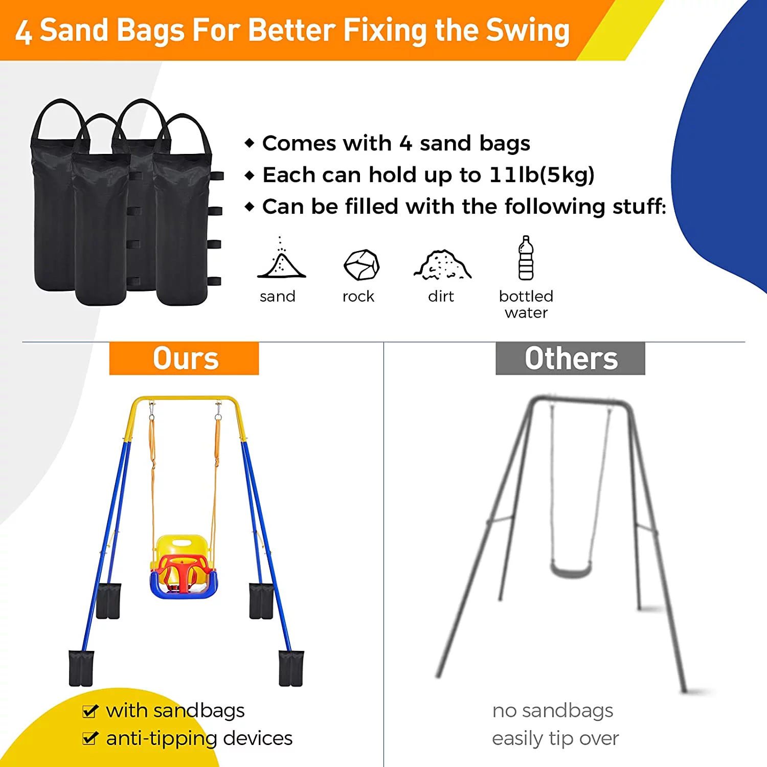 FUNLIO 3 in 1 Toddler Swing Set with 4 Sandbags, Heavy-Duty Kid Swing with Folding Metal Stand Indoor/Outdoor Play for Baby/Infant, Easy to Assemble