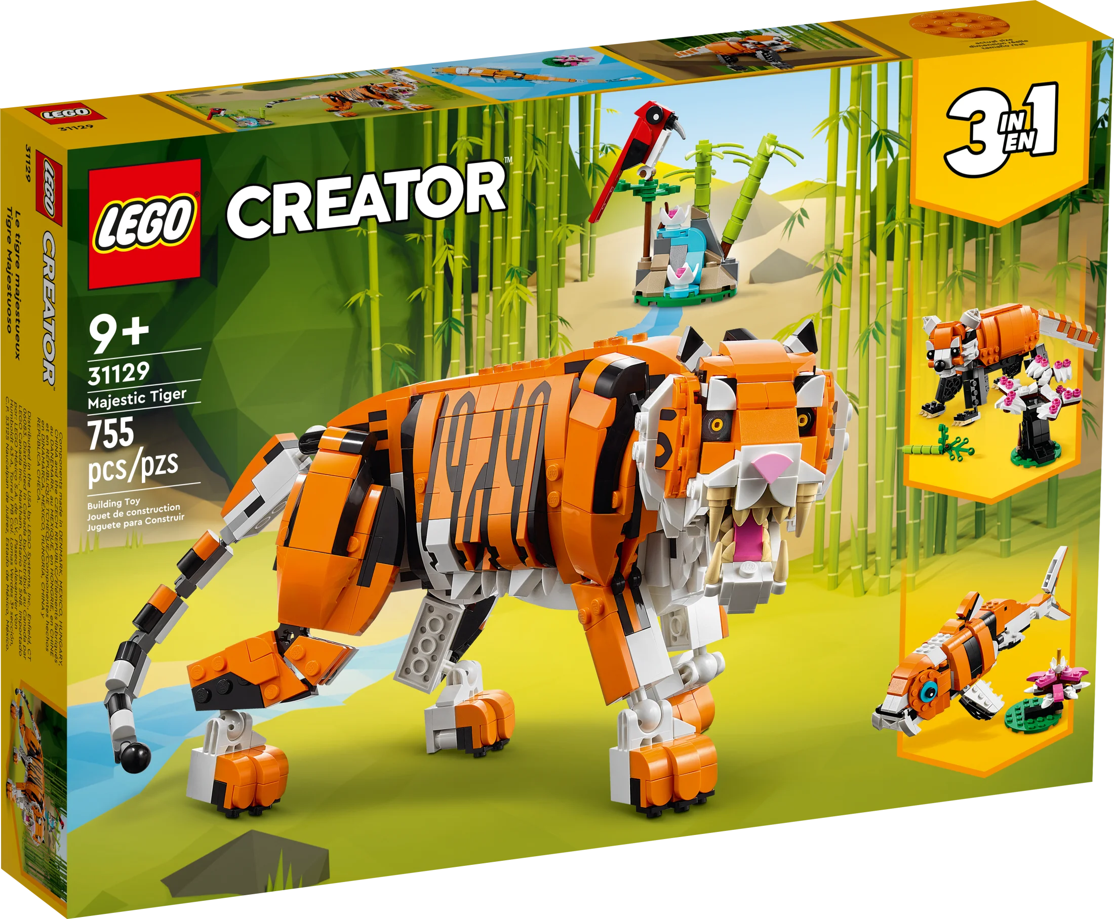 LEGO Creator 3 in 1 Majestic Tiger Building Set, Transforms from Tiger to Panda or Koi Fish Set, Animal Figures, Collectible Building Toy, Gifts for Kids, Boys & Girls 9 Plus Years Old, 31129