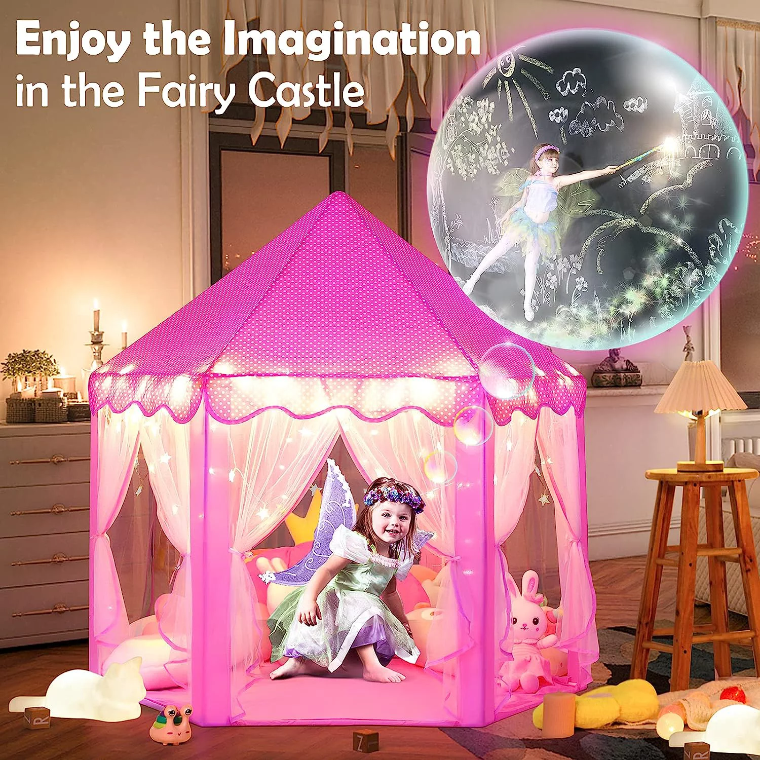 Scheam Princess Castle Play Tent for Girls Large Kids Play Tents Hexagon Playhouse with 19.7FT Star Lights Toys for Children Indoor Games (Pink)