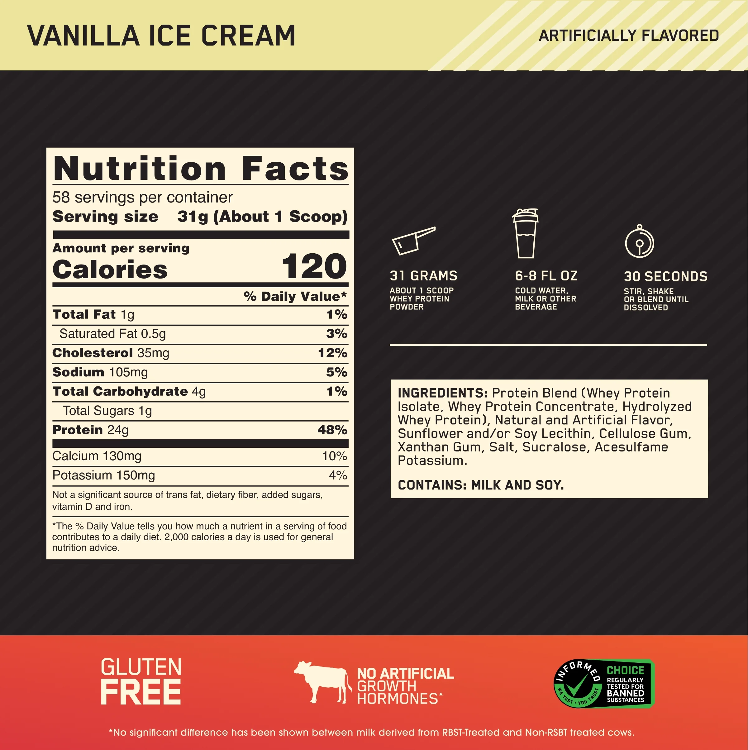 Optimum Nutrition Gold Standard 100% Whey Protein Powder, Vanilla Ice Cream, 24g Protein, 58 Servings