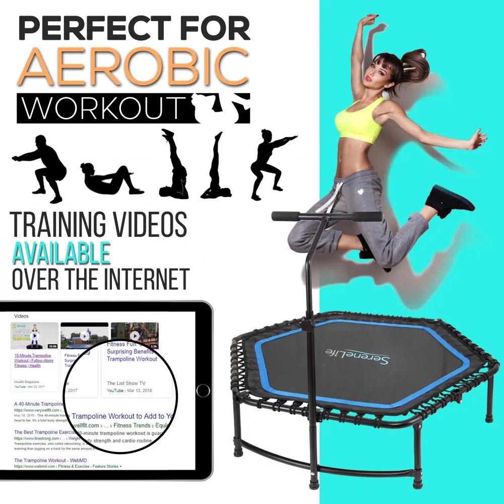 SereneLife SLELT518 – Pro Aerobics Fitness Trampoline – Portable Gym Sports Trampoline with Adjustable Handrail