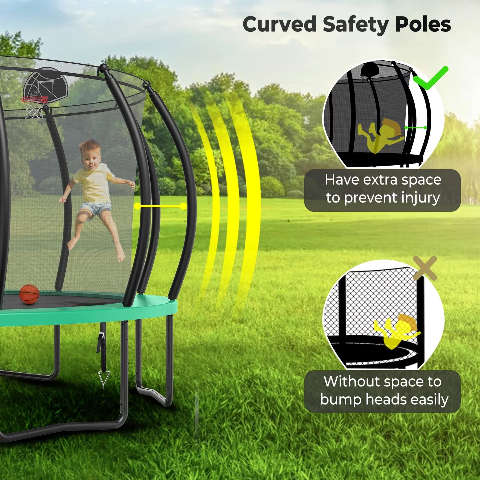 Jump Into Fun Trampoline 16FT, 1500LBS Trampoline for Adults/ 8-10 Kids, Trampoline with Enclosure, Basketball Hoop, Shoes Bags, Galvanized Full Spray Round Outdoor Trampoline with Curve Pole