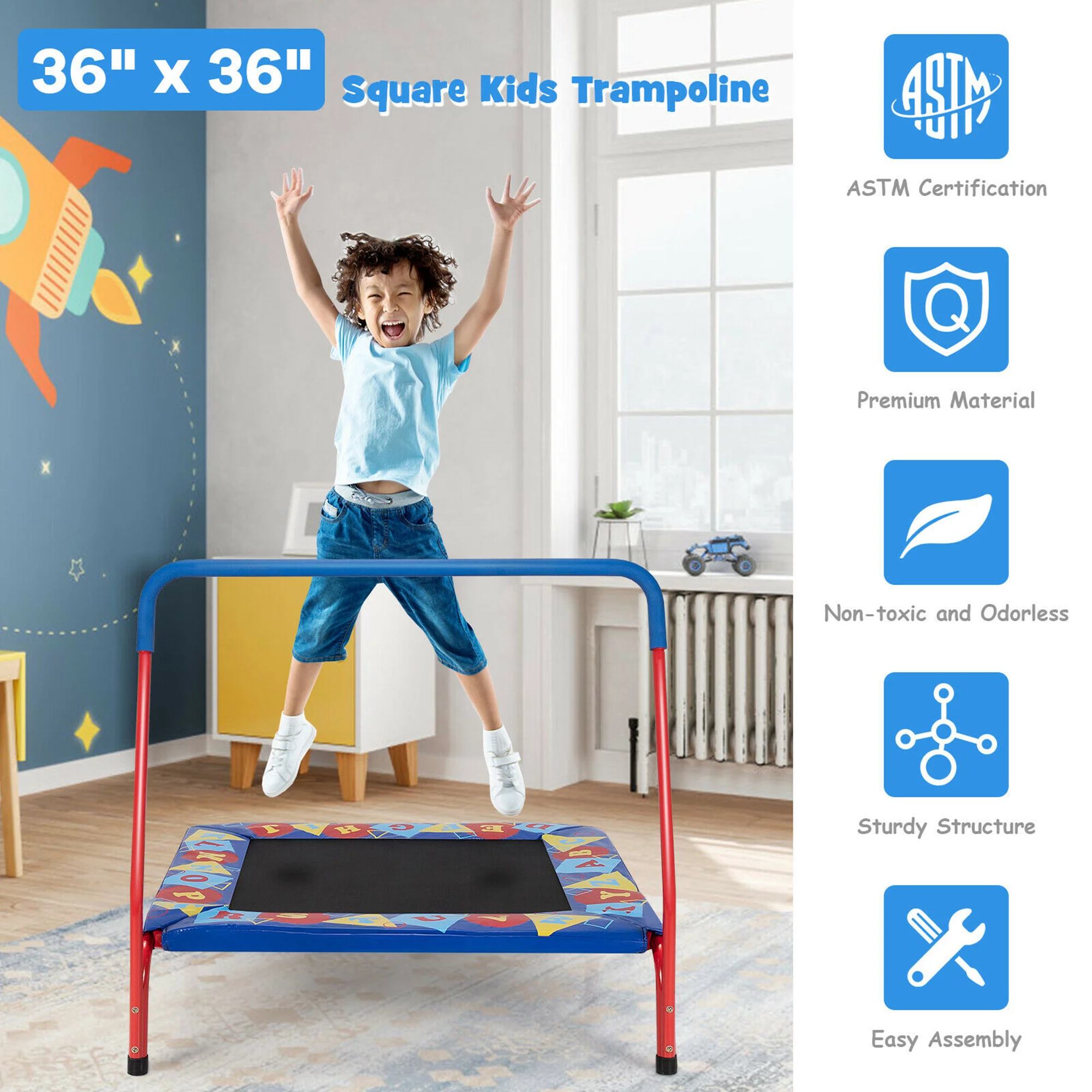 Gymax 36” Kids Square Trampoline Indoor Outdoor Rebounder W/Foam Handrail Alphabet Pad