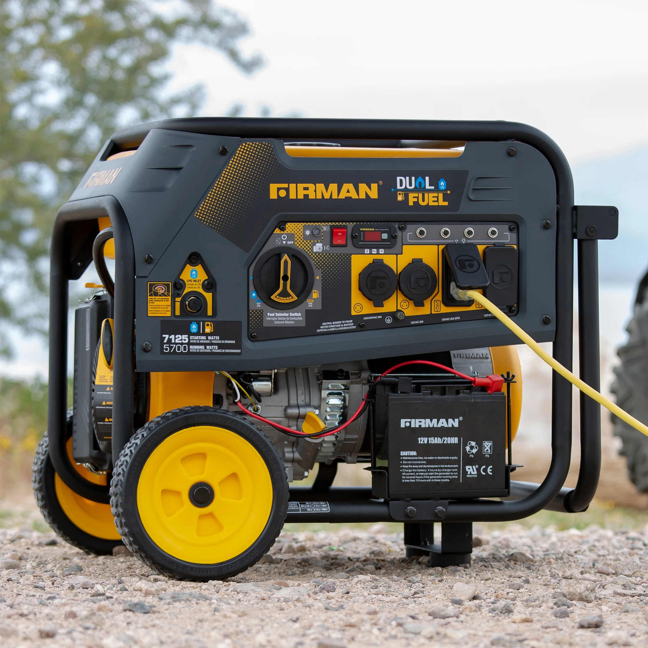 FIRMAN 4550/3650 Watt Recoil Start Gas or Propane Dual Fuel Portable Generator CARB and cETL Certified With Wheel Kit