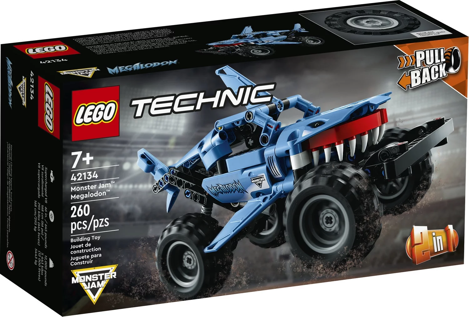 LEGO Technic Monster Jam Megalodon 42134 2 in 1 Pull Back Shark Truck to Lusca Low Racer Car Toy, 2022 Series, Set for Kids, Boys and Girls 7 Plus Years Old