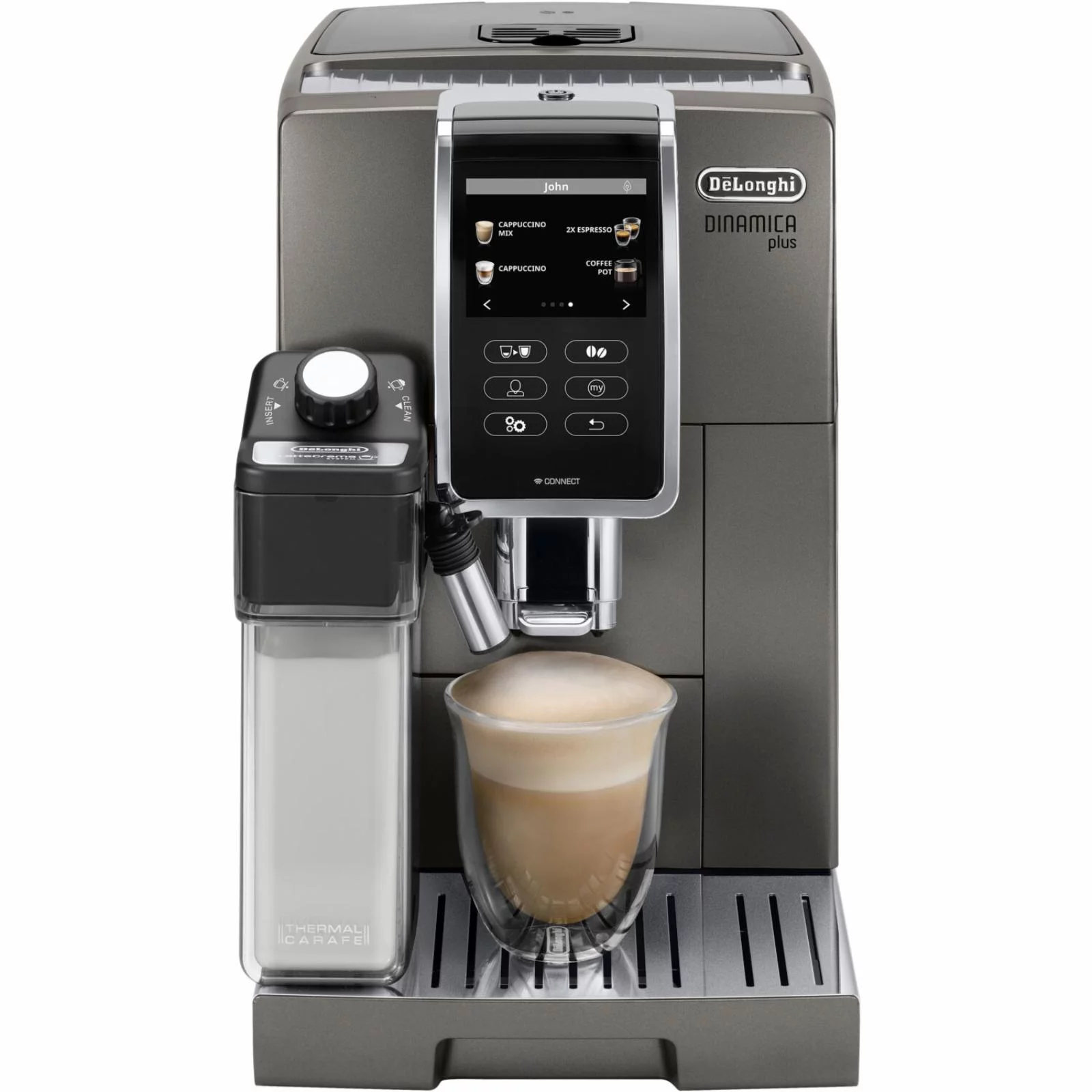 De’Longhi Dinamica Plus, Smart Coffee and Espresso Machine with Coffee Link Connectivity App and Automatic Milk Frother, Titanium