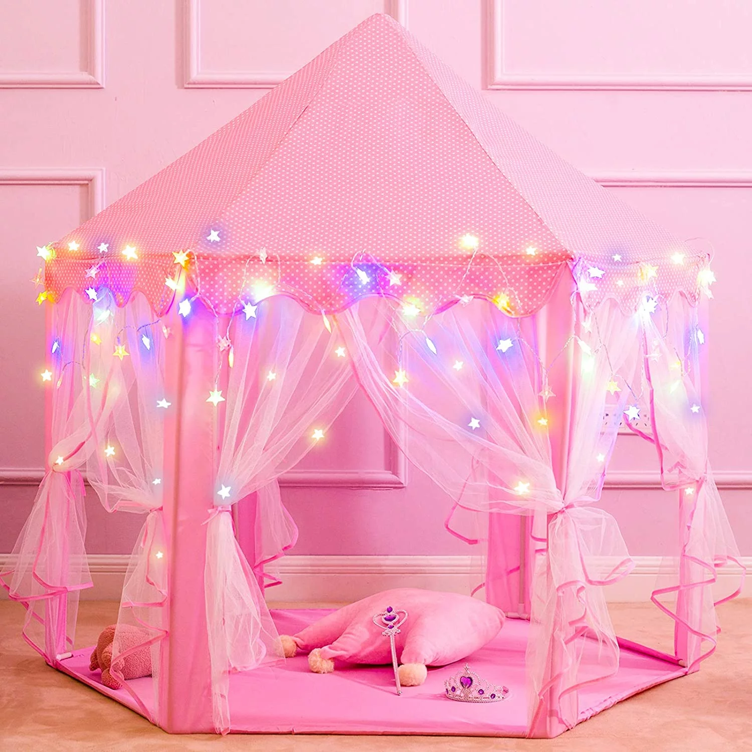 55″ x 53″ Princess Tent Star Lights, Girls Large Pink Playhouse, Kids Castle Play Tent for Children Indoor and Outdoor Games