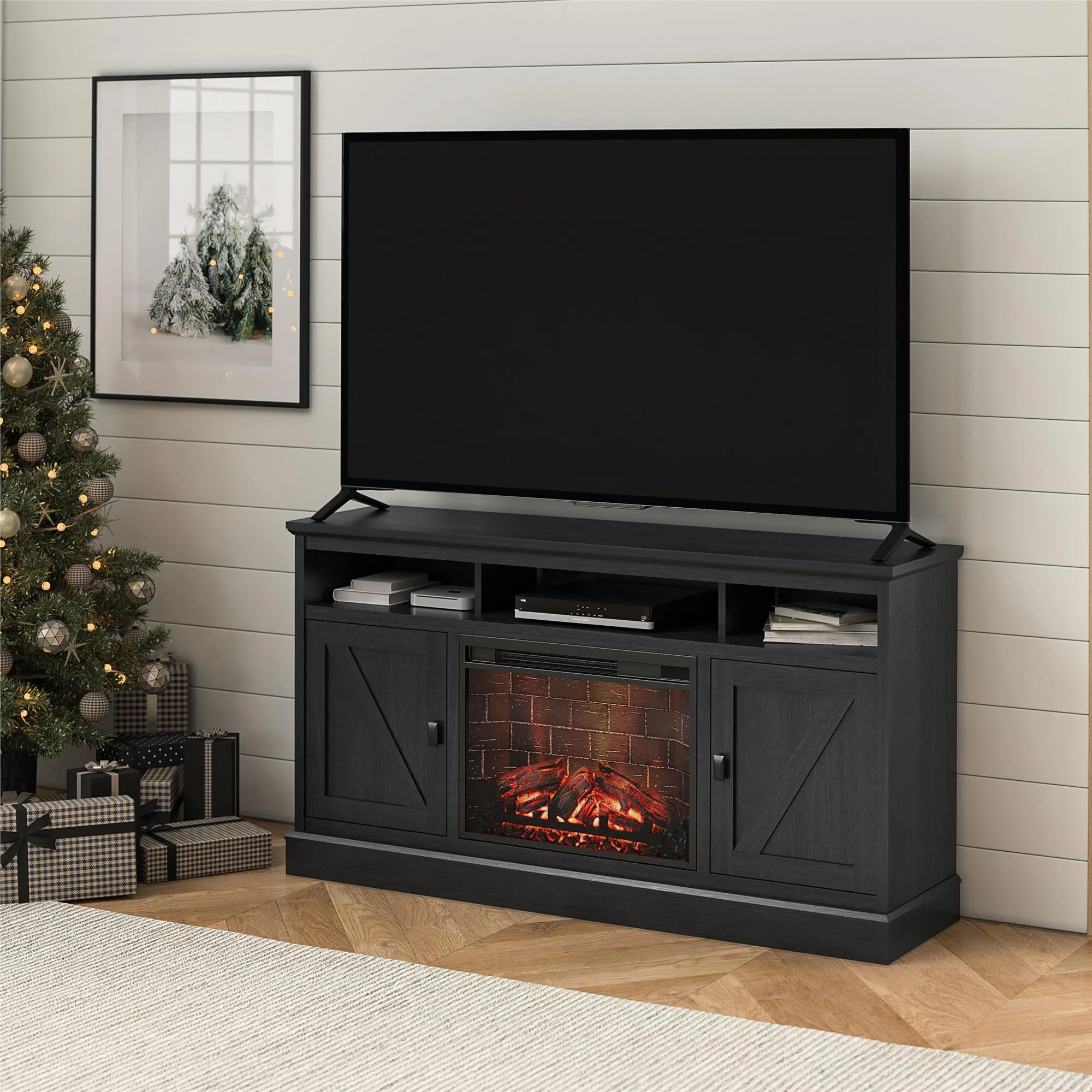 Ameriwood Home Ashton Lane Electric Fireplace TV Stand for TVs up to 65″, Black Oak