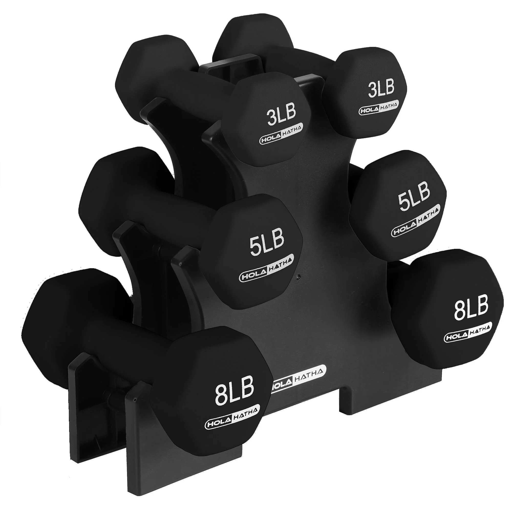 HolaHatha 3, 5, and 8 Pound Dumbbell Hand Weight Set w/Storage Rack, Black