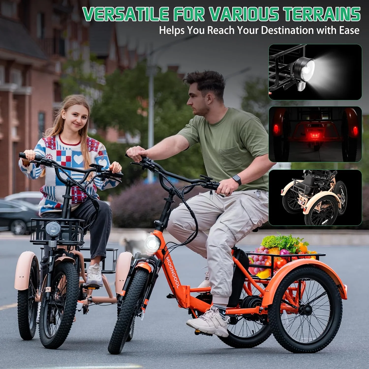 MOONCOOL 24″/26″ Electric Tricycle for Adults, 350W 36V 7 Speeds Electric Trike Motorized Three Wheel Electric Bikes Bicycle with Large Basket for Women Men