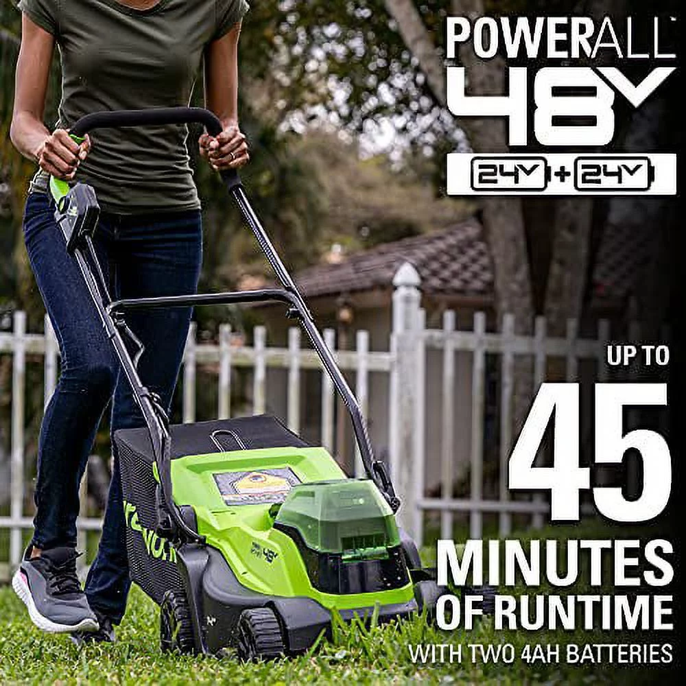 Greenworks 48V 14″ Mower,24V Axial Blower and 24V 10″ String Trimmer Combo