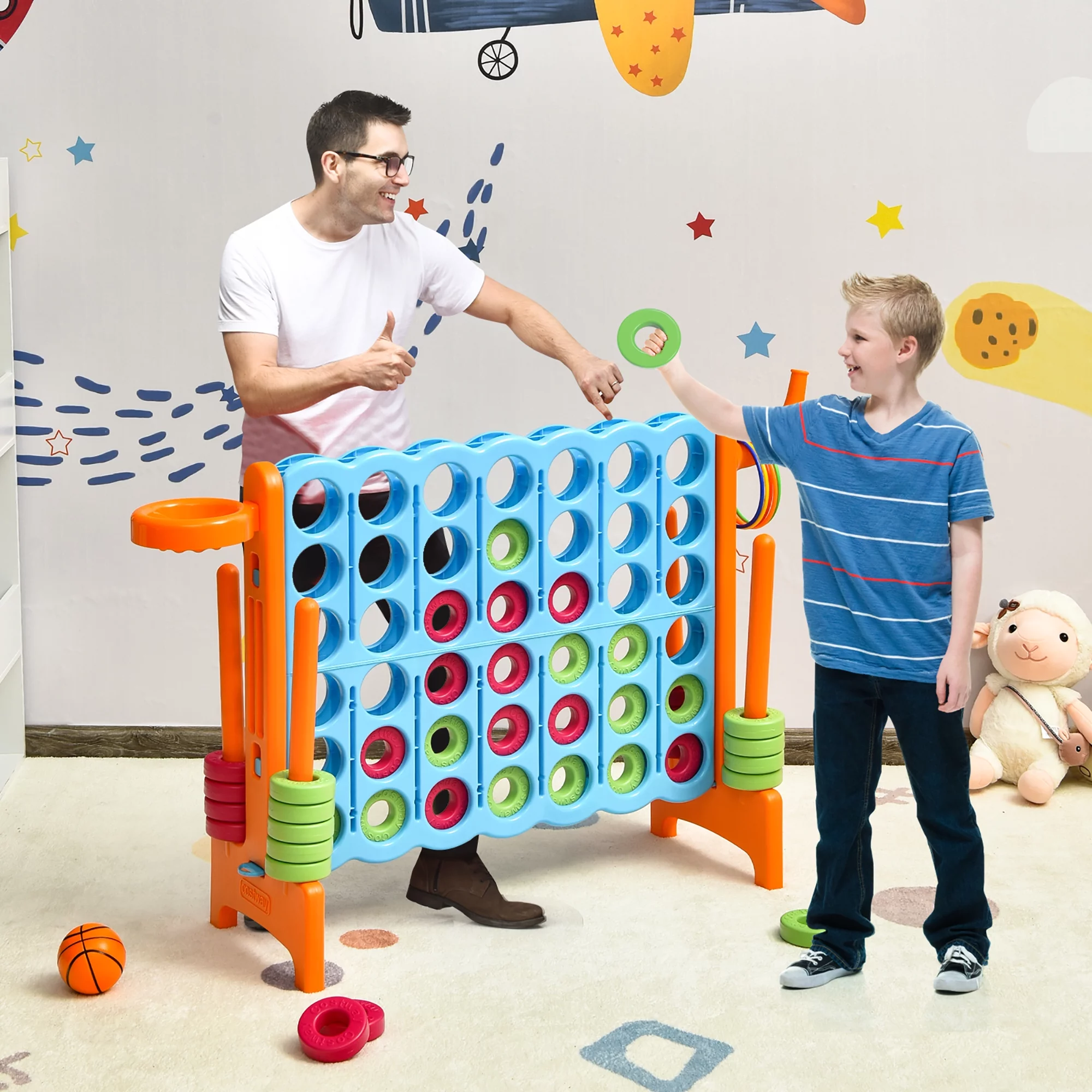 Costway 4-in-A Row Giant Game Set w/Basketball Hoop for Family Orange