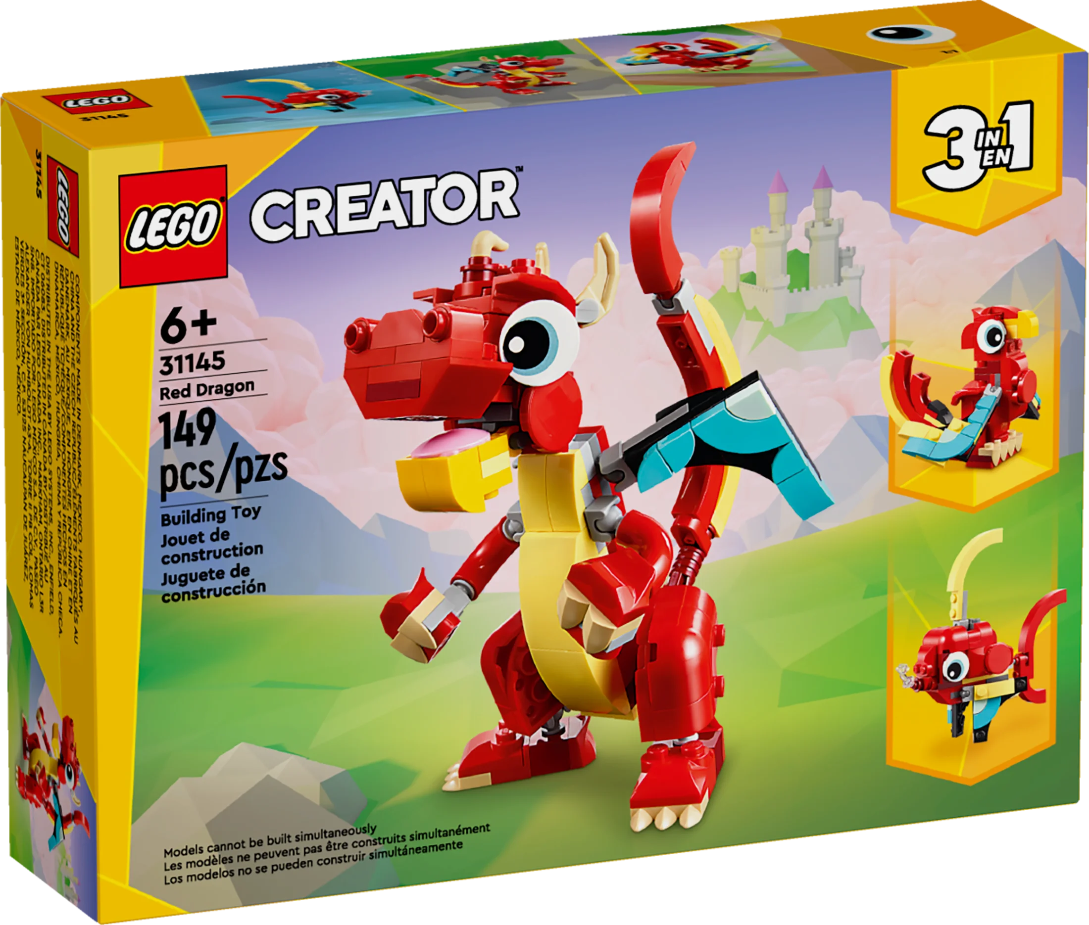 LEGO Creator 3 in 1 Red Dragon Toy, Transforms from Dragon Toy to Fish Toy to Phoenix Toy, Gift Idea for Boys and Girls Ages 6 and Up, Animal Toy Set for Kids, 31145