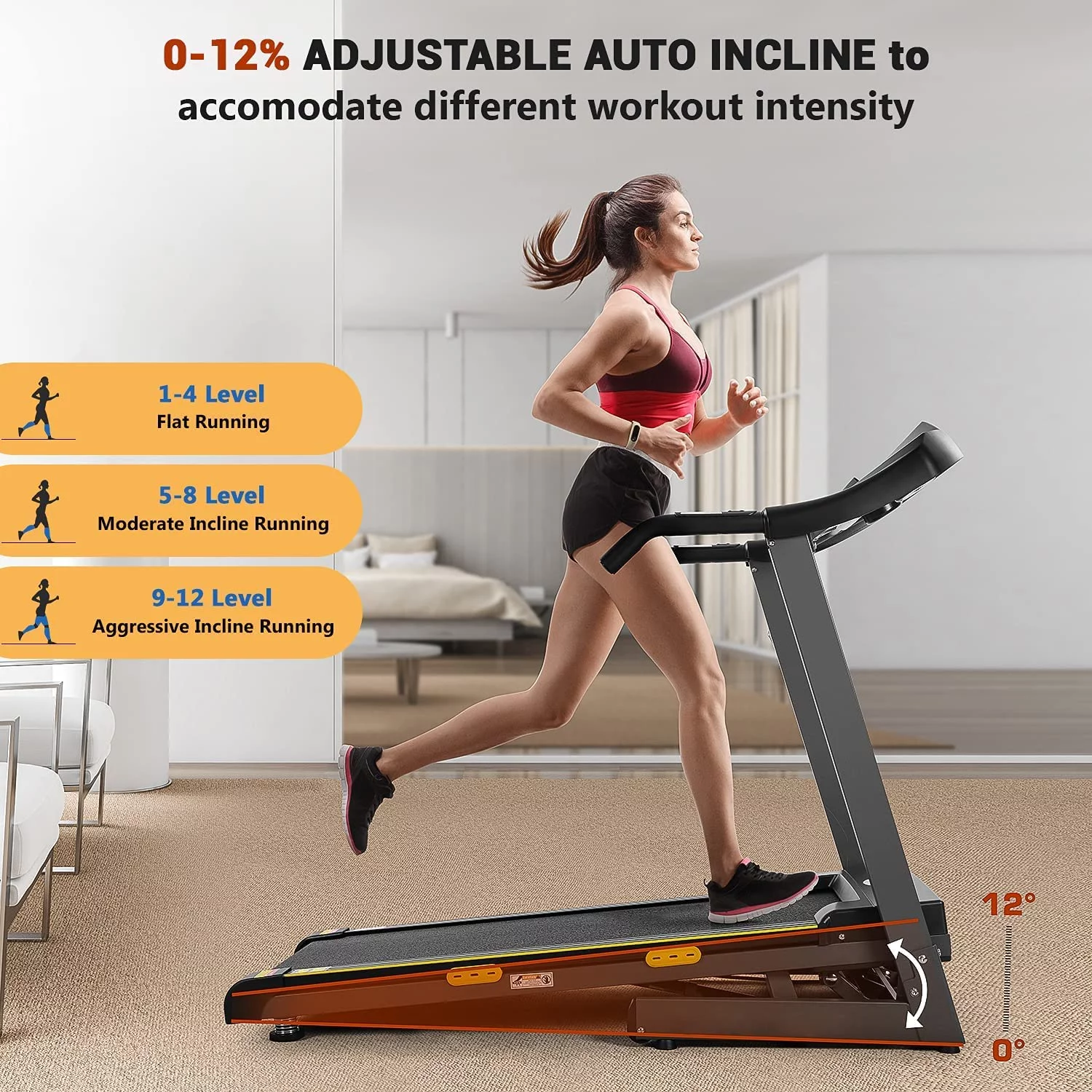 Entil 2.5HP Electric Folding Treadmill with 12-level Incline, 2-5 Degrees Ascension Angle, 15 Preset Training Programs, Heart Rate Sensors, LCD Display, 220lb Weight Capacity