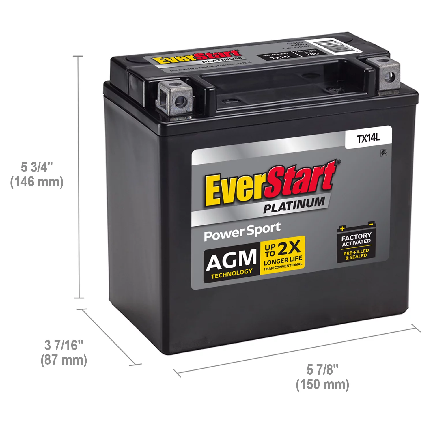 EverStart Premium BOXED AGM Power Sport Battery, Group Size TX14L 12 Volt, 200 CCA