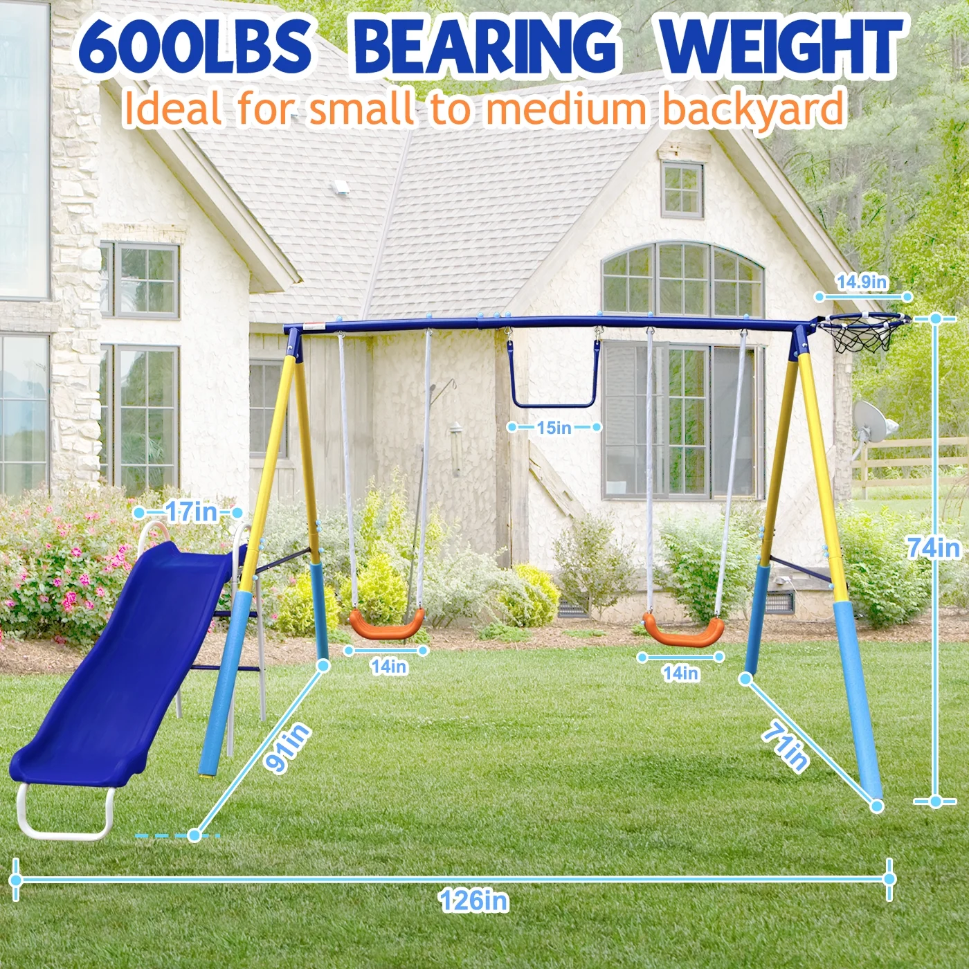 Swing Sets for Backyard with Slide, Basketball Hoop, Two Swing Seats and Gymnastics Rings, Playground Set for Kids Outdoor