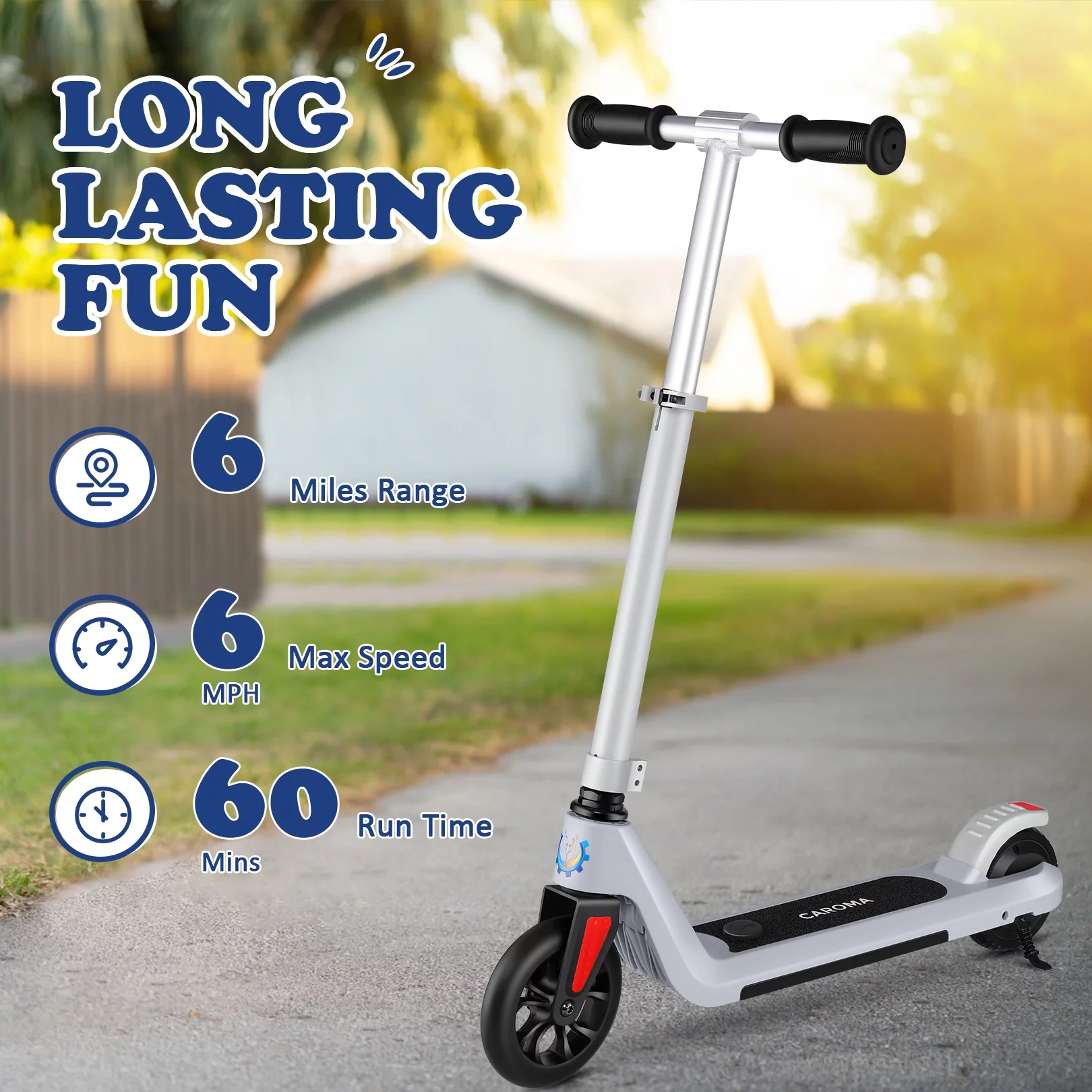 Caroma Electric Scooter for Kids Ages 6-12, 120W Kids Electric Scooter, Max 6 Miles & 6 MPH, Adjustable Height, Colorful Lights, Lightweight Electric Scooter for Kids Boy Girl – Blue