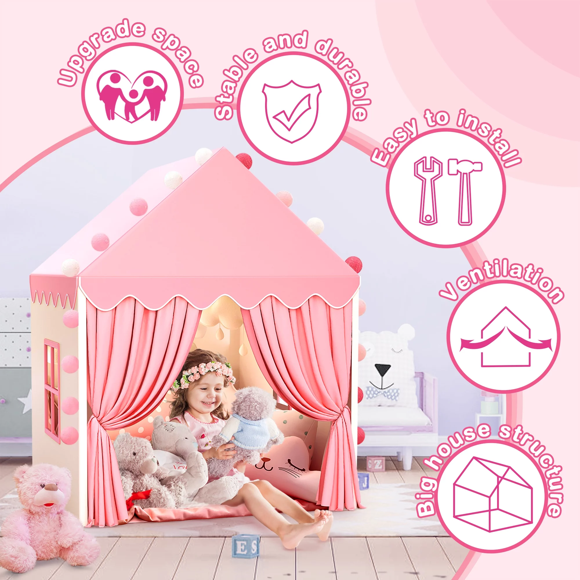 Moncoland Princess Castle Kids Tent for 3-8 Years Girls Toddlers Large Canvas Indoor Playhouse