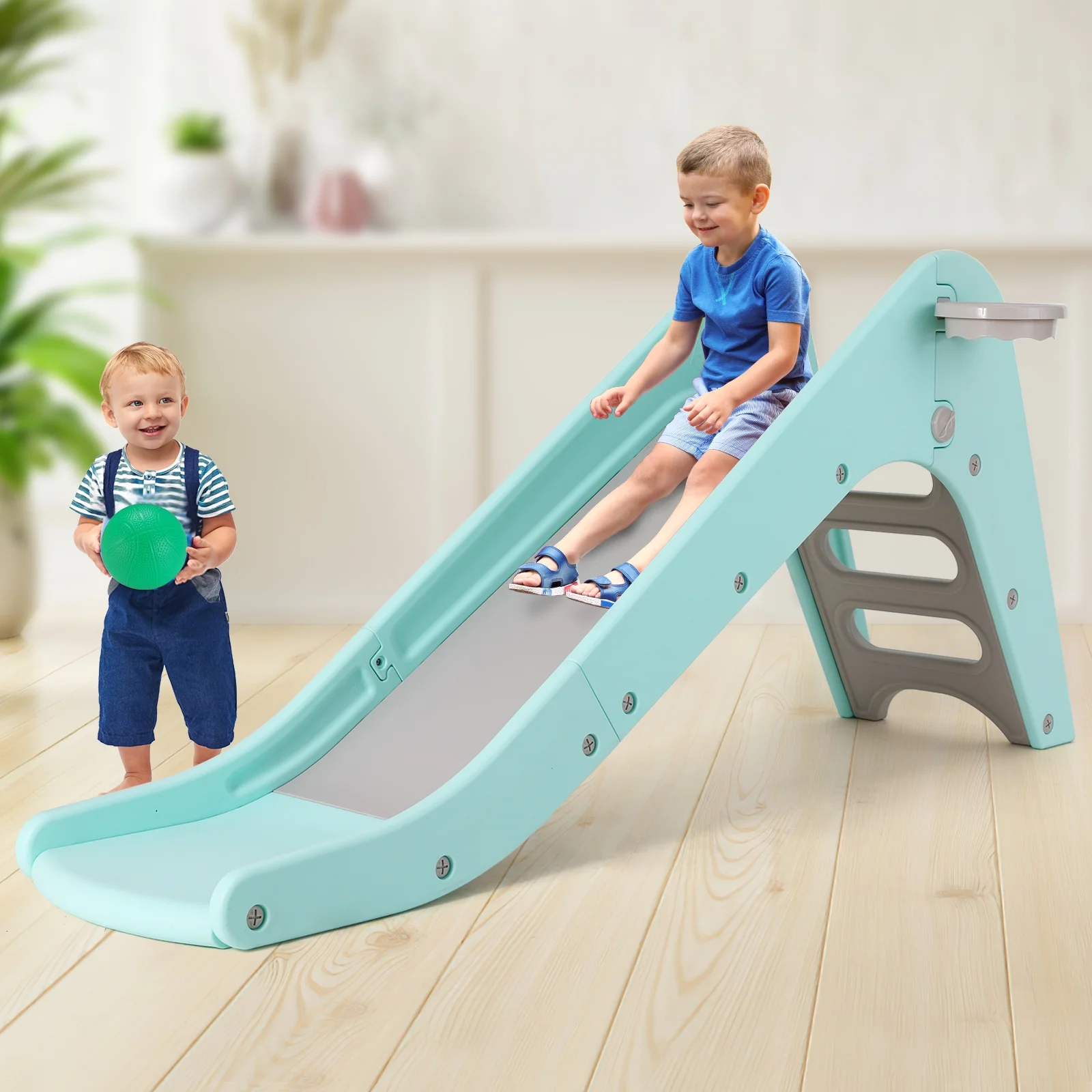 Arlopu Plastic First Slide for Toddlers, Sturdy Kids Slide Play Climber with Basketball Hoop, Indoor Outdoor Playground Playset for Kids 1-6 Years