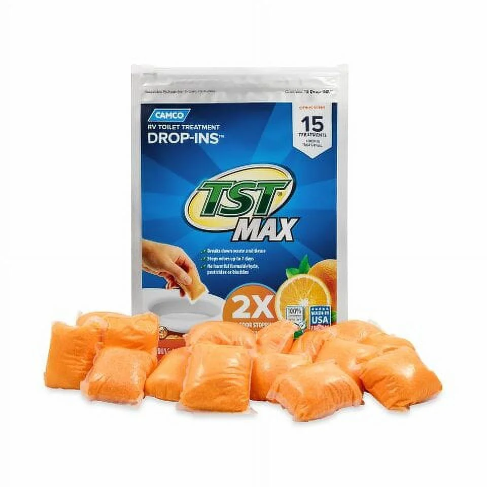 Camco TST MAX Camper RV Toilet Treatment Drop-In’s- Septic Tank Safe – Orange Scent, 15-Pack (41189)