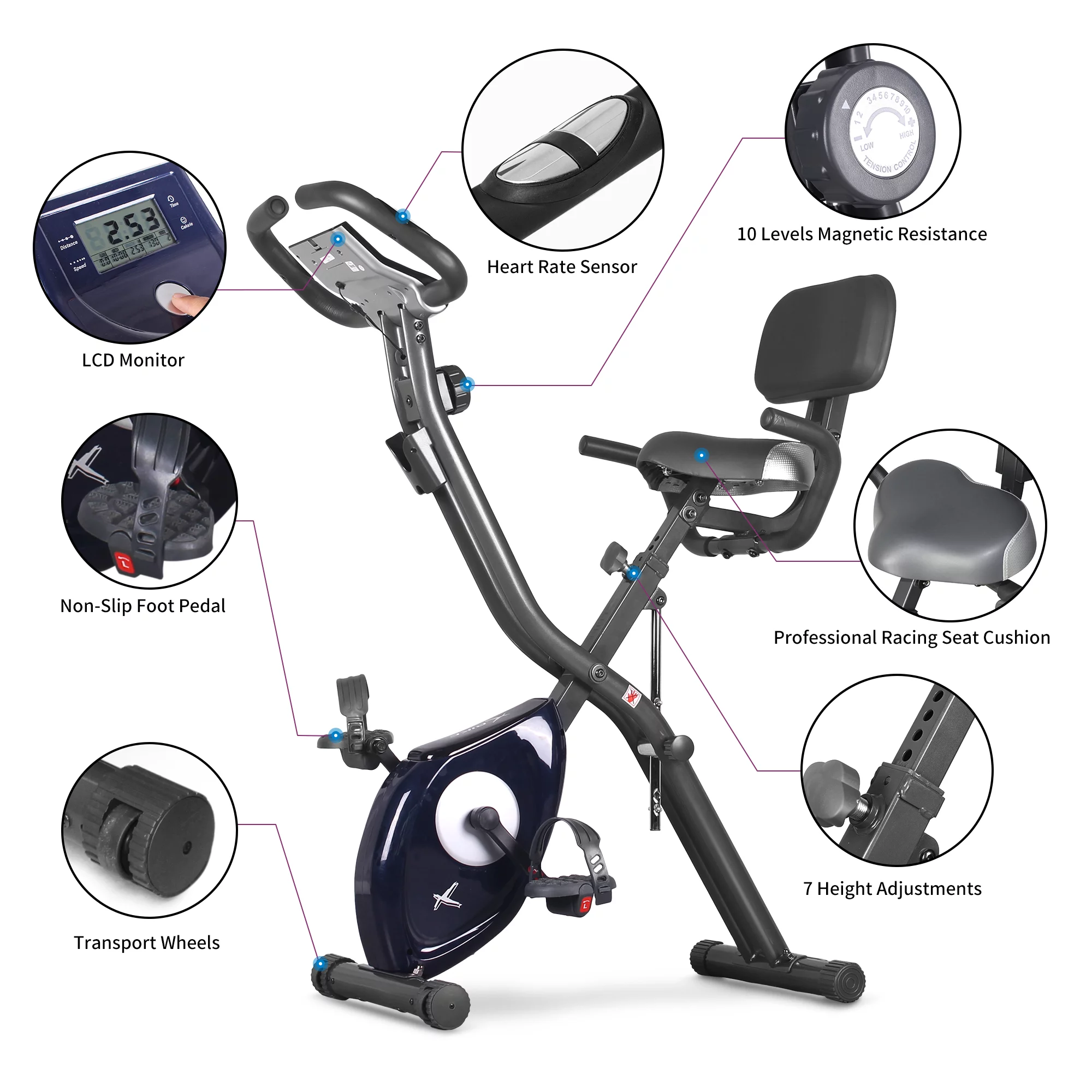 Leikefitness X-Bike Folding Sports Indoor Cycling Recumbent Exercise Bikes 10-Levels Resistance 220 Lb.