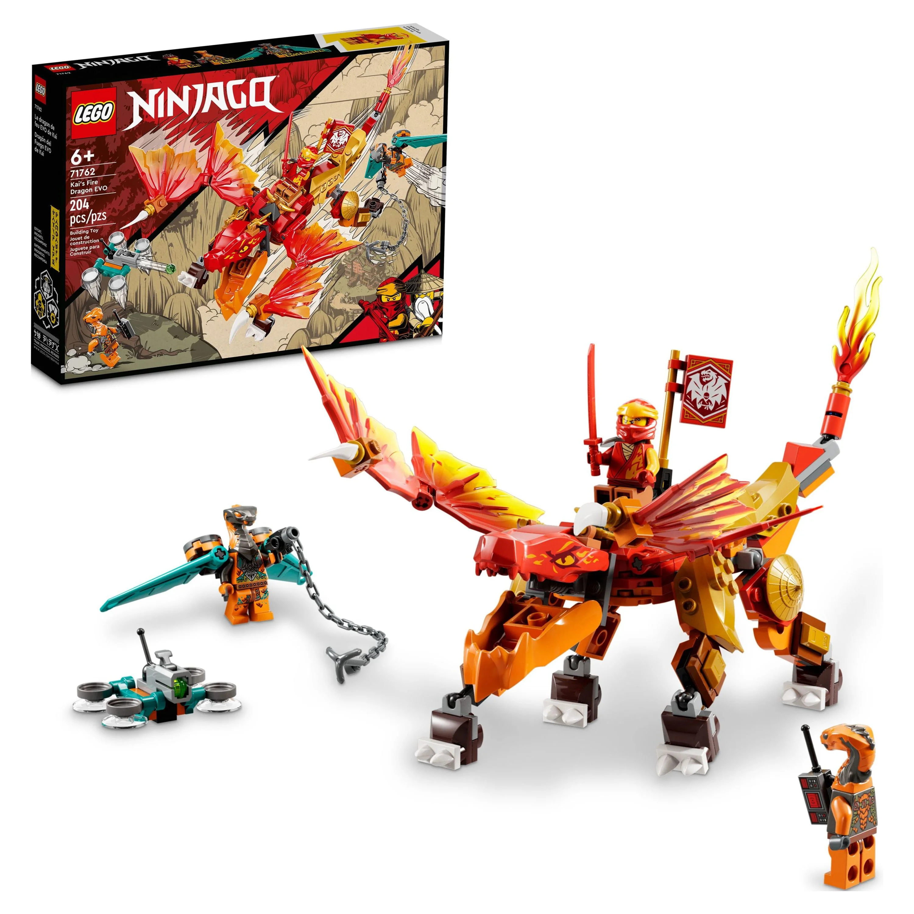 LEGO NINJAGO Kai’s Fire Dragon EVO Toy 71762 for Kids with Cobra & Boa Snake Warrior Figures and Kai Minifigure, Collectible Mission Banner Series