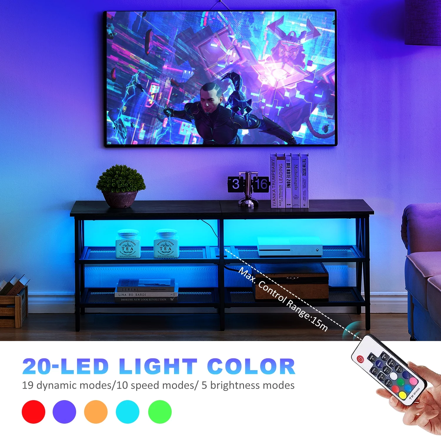 Behost 55 inch TV Stand for 65 inch TV, TV Cabinet with 20 Colors LED Lights for Living Room,Black