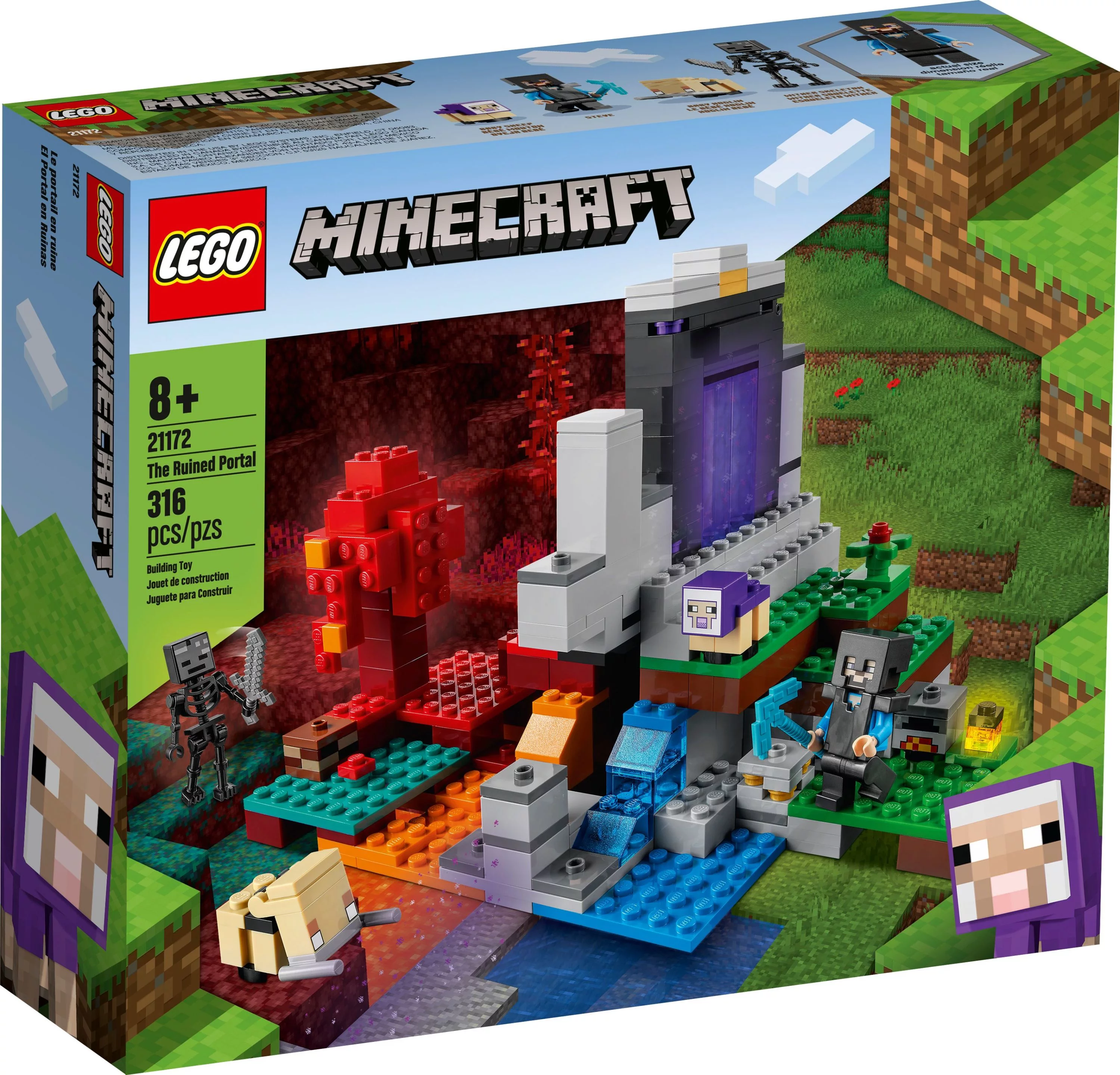 LEGO Minecraft The Ruined Portal Building Toy 21172 with Steve and Wither Skeleton Figures, Gift Idea for 8 Plus Year Old Kids, Boys & Girls