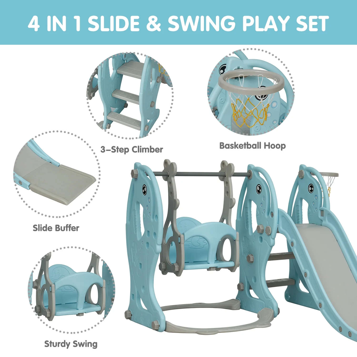 Kinbor 4-in-1 Toddler Swing and Slide Set with Basketball Hoop Outdoor Playset, Blue