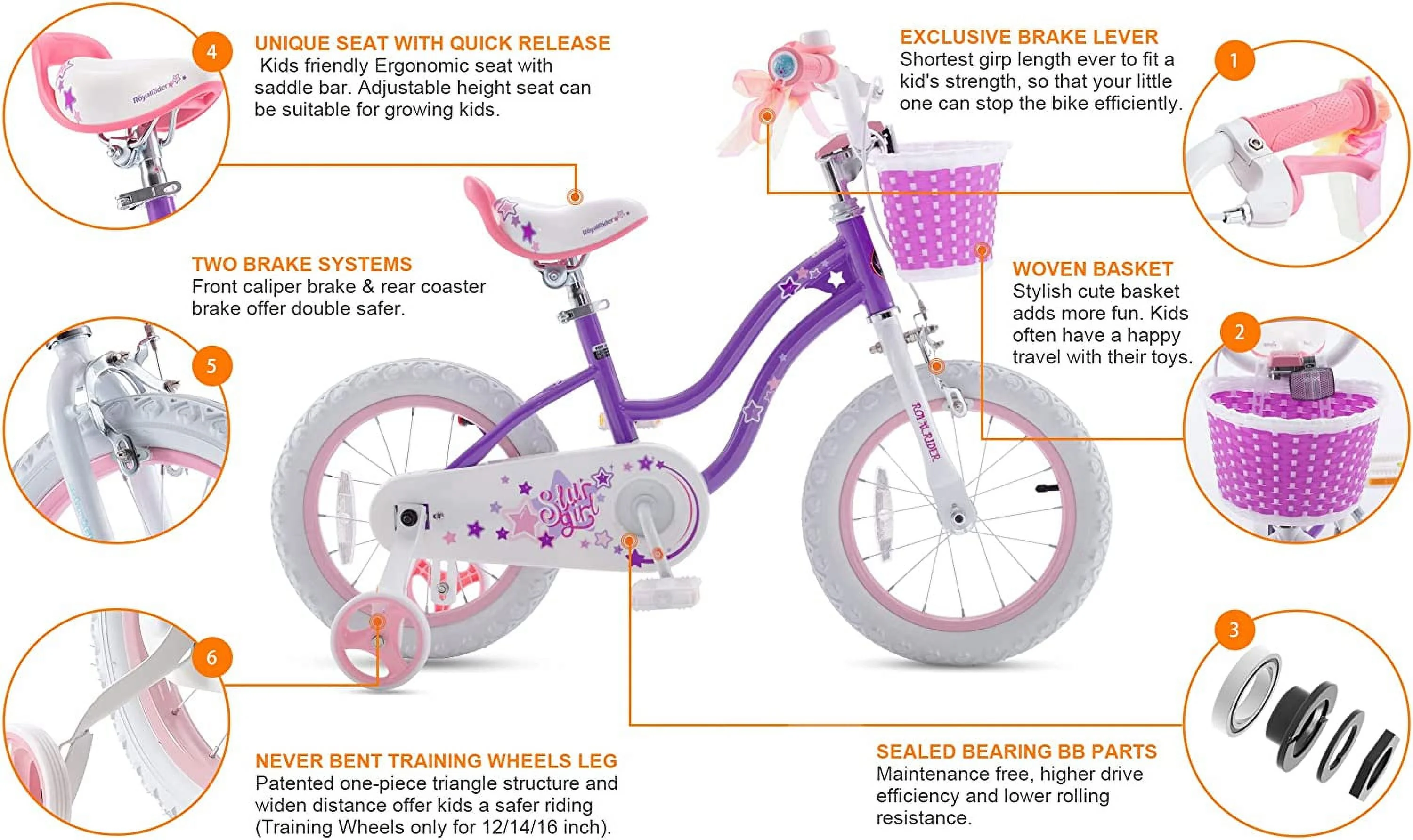 Royalbaby Girls Kids Bike Star girl 16 In. Bicycle Basket Training Wheels Kickstand Blue Child’s Cycle