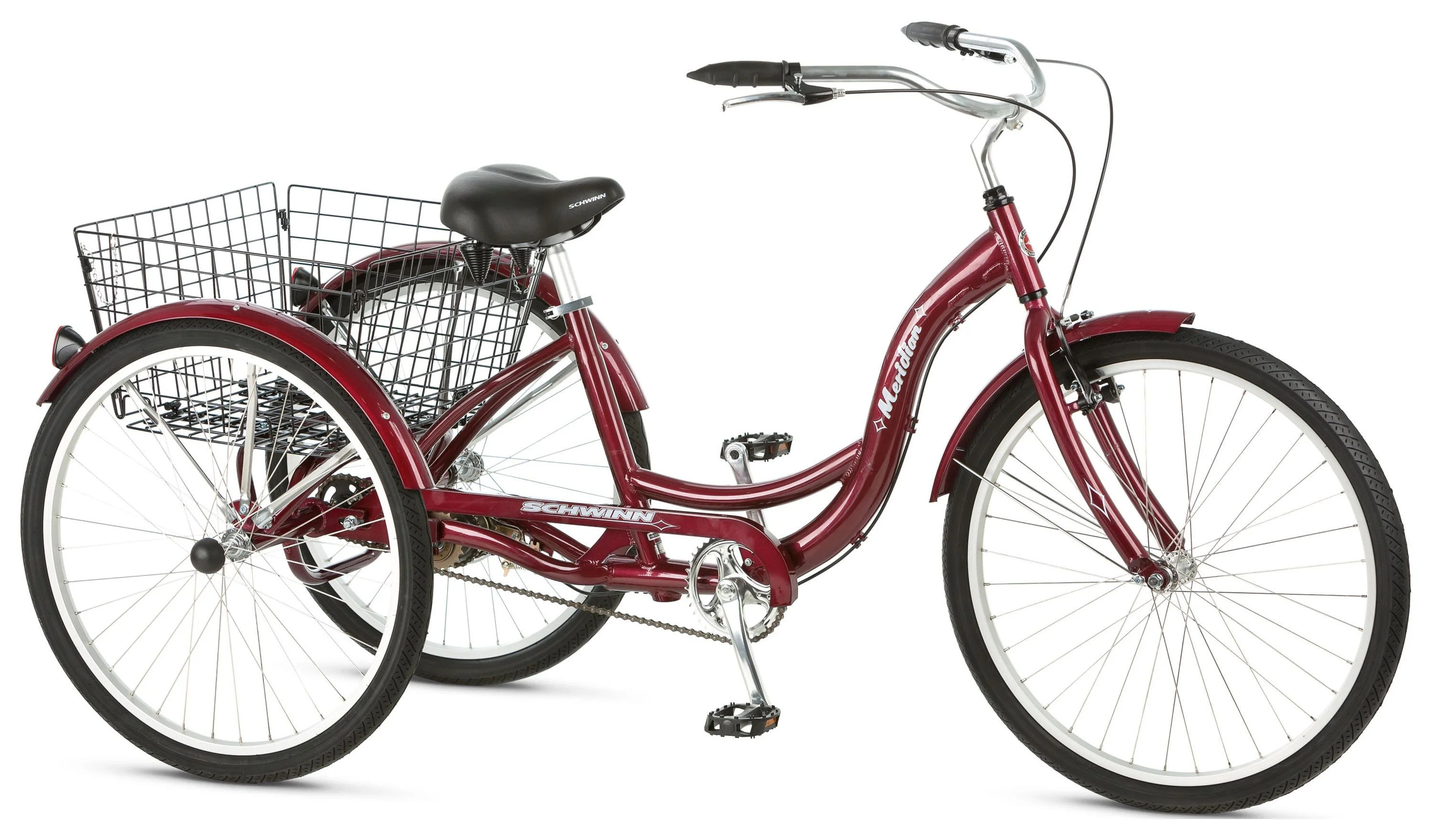 Schwinn Meridian Adult Tricycle, 26-inch wheels, rear storage basket, Cherry