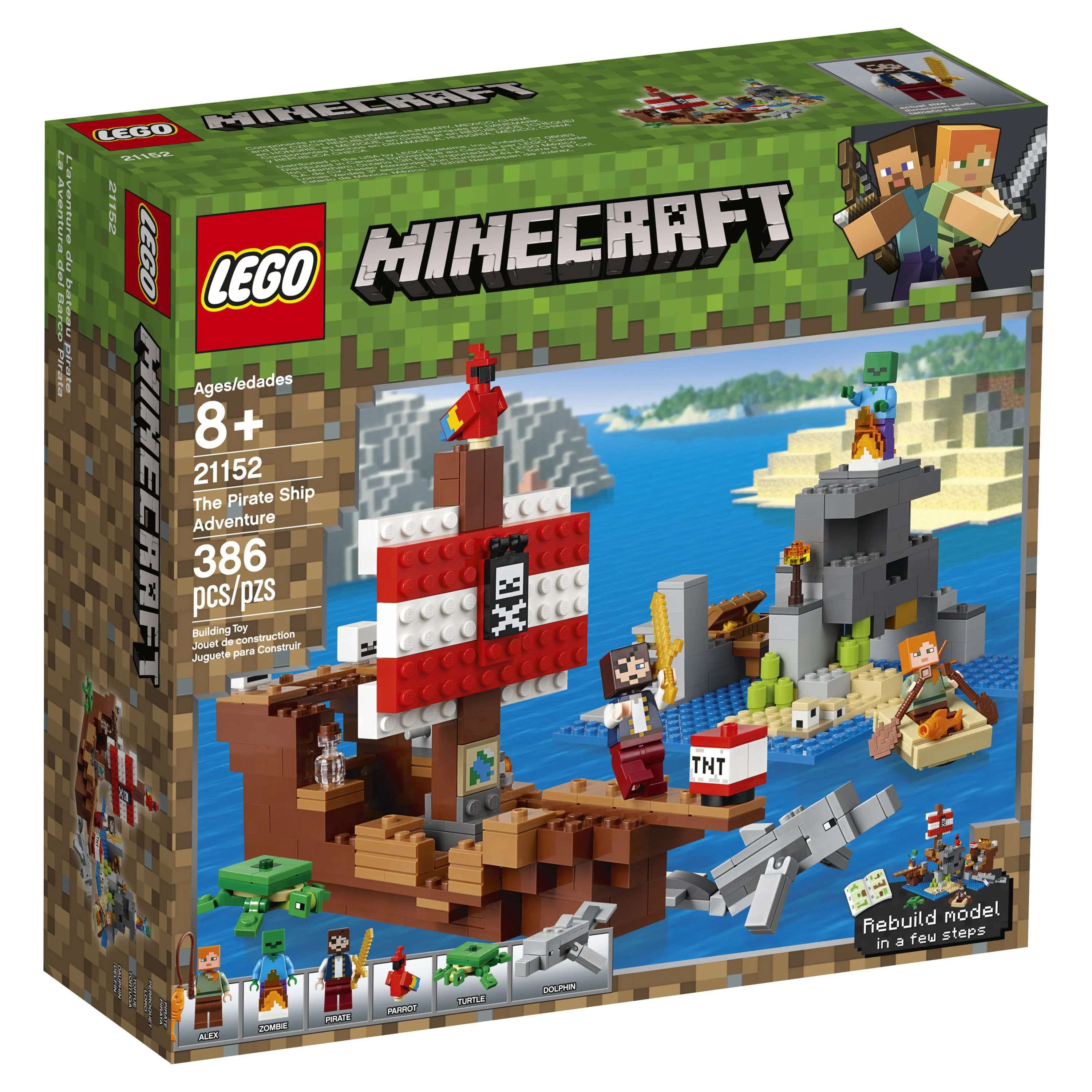 LEGO Minecraft The Pirate Ship Adventure 21152 Pirate Ship Boat Shark Treasure Chest Building Toy Kit (386 Pieces)