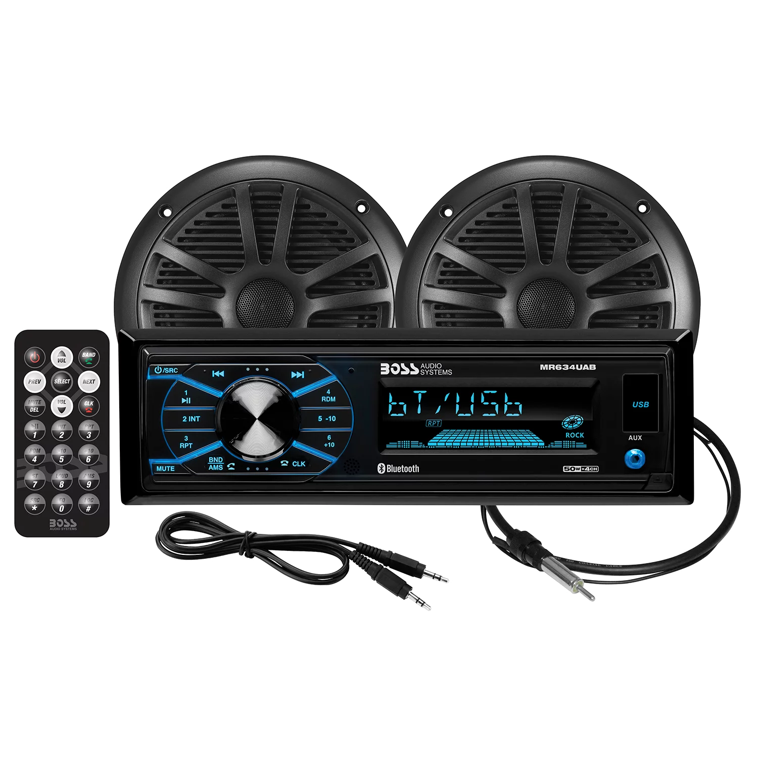 BOSS Audio Systems MCBK634B.6 Marine Boat Stereo Sound System Speaker Package – Single Din Radio Receiver Head Unit, No CD Player, Bluetooth Audio, Two 6.5 Inch Full Range Speakers, Dipole Antenna